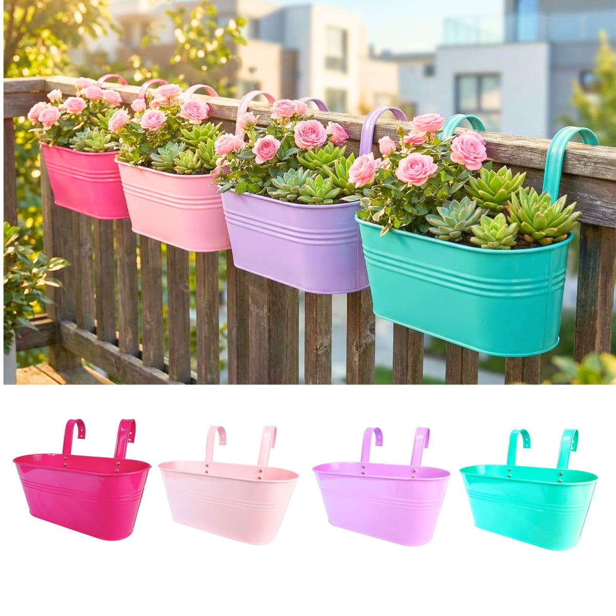 LaLaGreen Colorful Oval Metal Railing Planter Boxes