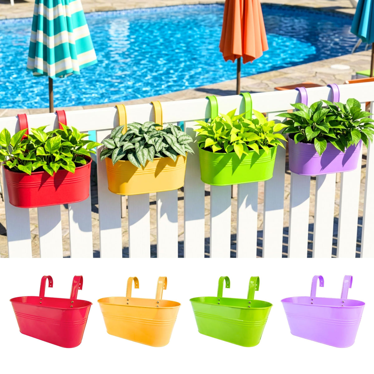 LaLaGreen Colorful Oval Metal Railing Planter Boxes