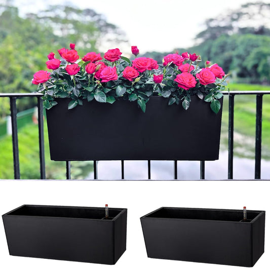 LaLaGreen Rail Planter for Balcony Outdoor (2 Pack, 20 Inch) Large Black Self Watering Railing Planters with Brackets, Rectangular Plastic Deck Fence Window Box Designer Choice with Rattan Pattern