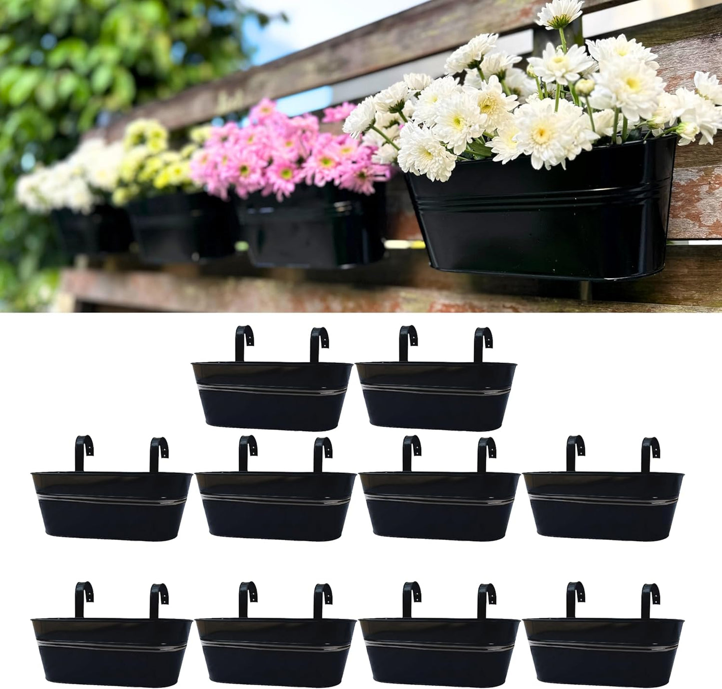 LaLaGreen Outdoor Plants Rail Planter (16 Inch, 4 Pack) Black Metal Iron Hanging Flower Pots Deck Railings Fence Buckets Modern Boho Style Wall Mount Window Boxes Plant Holder Hooks Porch Home Decor