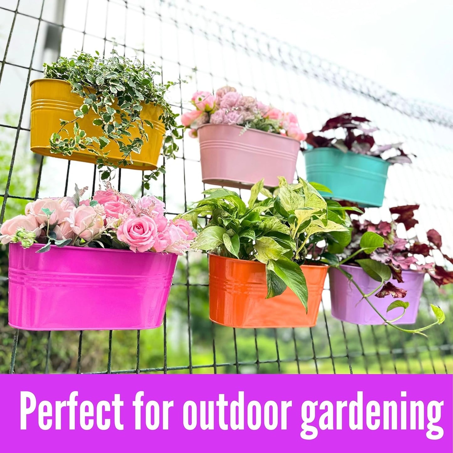 LaLaGreen Outdoor Hanging Planter (11.2 Inch, 6 Pack) Light Pink, Light Purple, Turquoise, Neon Pink, Yellow, Orange Metal Iron Window Box Flower Pot Deck Railings Fence Buckets Porch Garden Decor