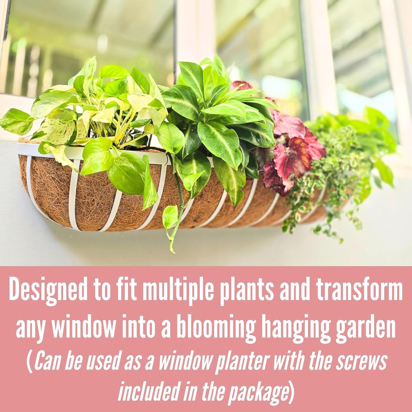 LaLaGreen Deck Railing Planter Boxes (2 Pack, 48 Inch) White Metal Rectangular Window Flower Box with Coco Liner, Wall Hanging Planters for Outdoor Plants Rail Fence Balcony Patio Porch Garden Decor