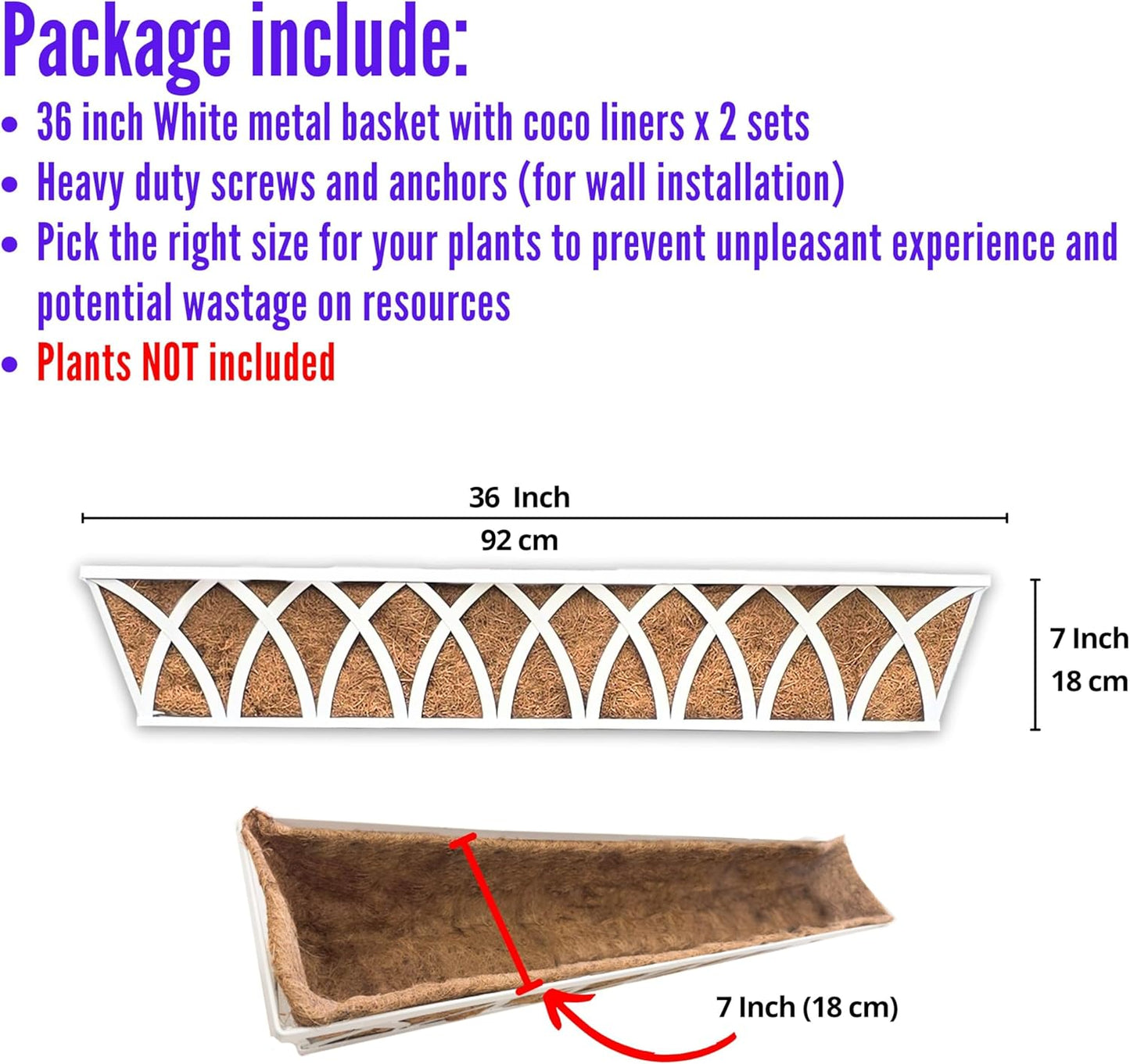 LaLaGreen Wall Planter Outdoor (36 Inch, 2 Pack) White Metal Rectangular Hanging Flower Boxes with Coco Liner Window Basket Plant Holder Deck Rail Railing Patio Horse Trough Balcony Fence Porch Garden