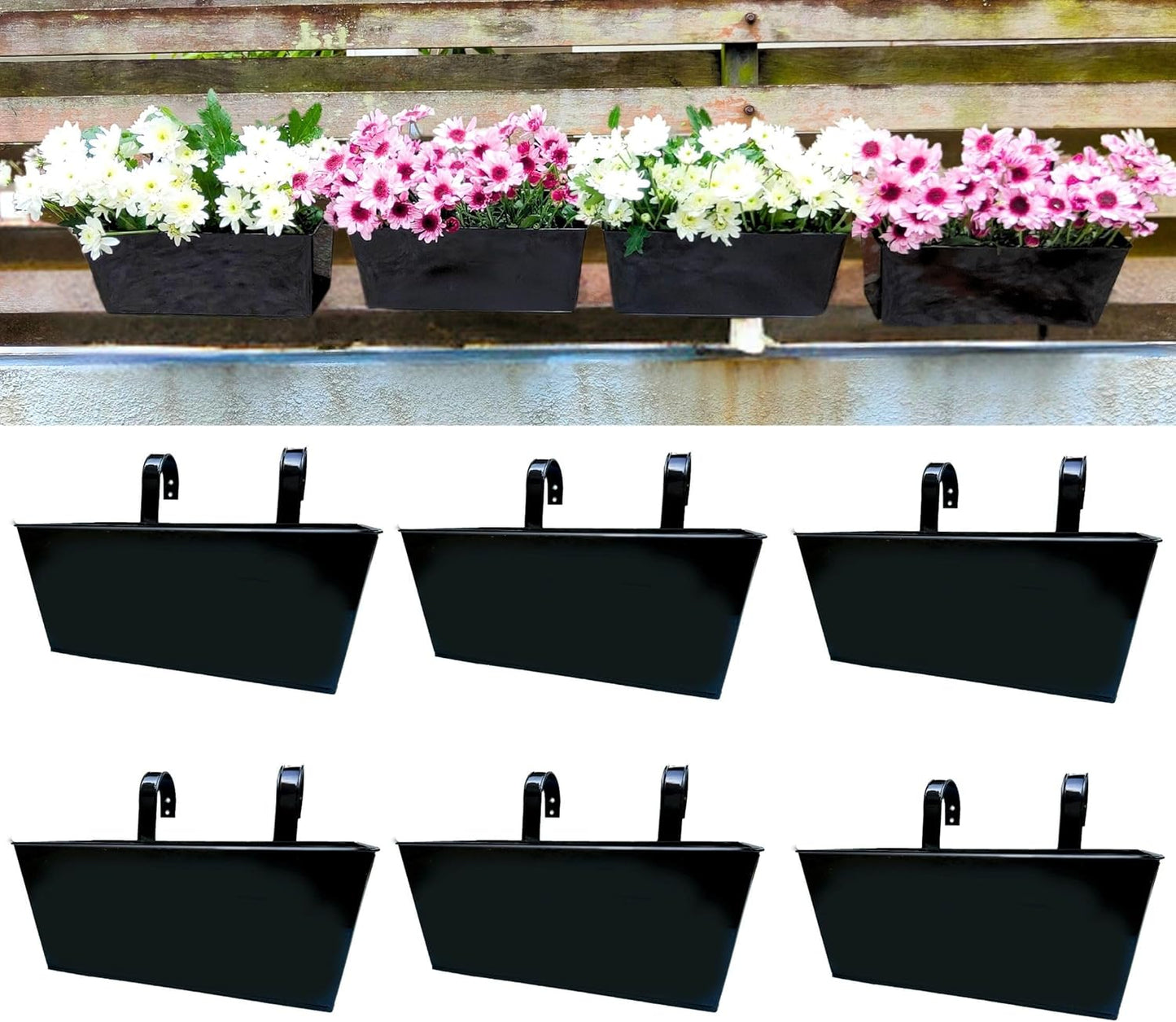 LaLaGreen Railing Planter Box (6 Pack, 12 Inch) Outdoor Black Metal Rectangle Strawberry Hanging Bucket Balcony Garden Fence Deck Flower Pots Boho Countryside Style Patio Living Wall Window Sill Decor