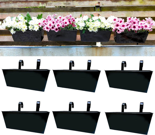 LaLaGreen Railing Planter Box (6 Pack, 12 Inch) Outdoor Black Metal Rectangle Strawberry Hanging Bucket Balcony Garden Fence Deck Flower Pots Boho Countryside Style Patio Living Wall Window Sill Decor