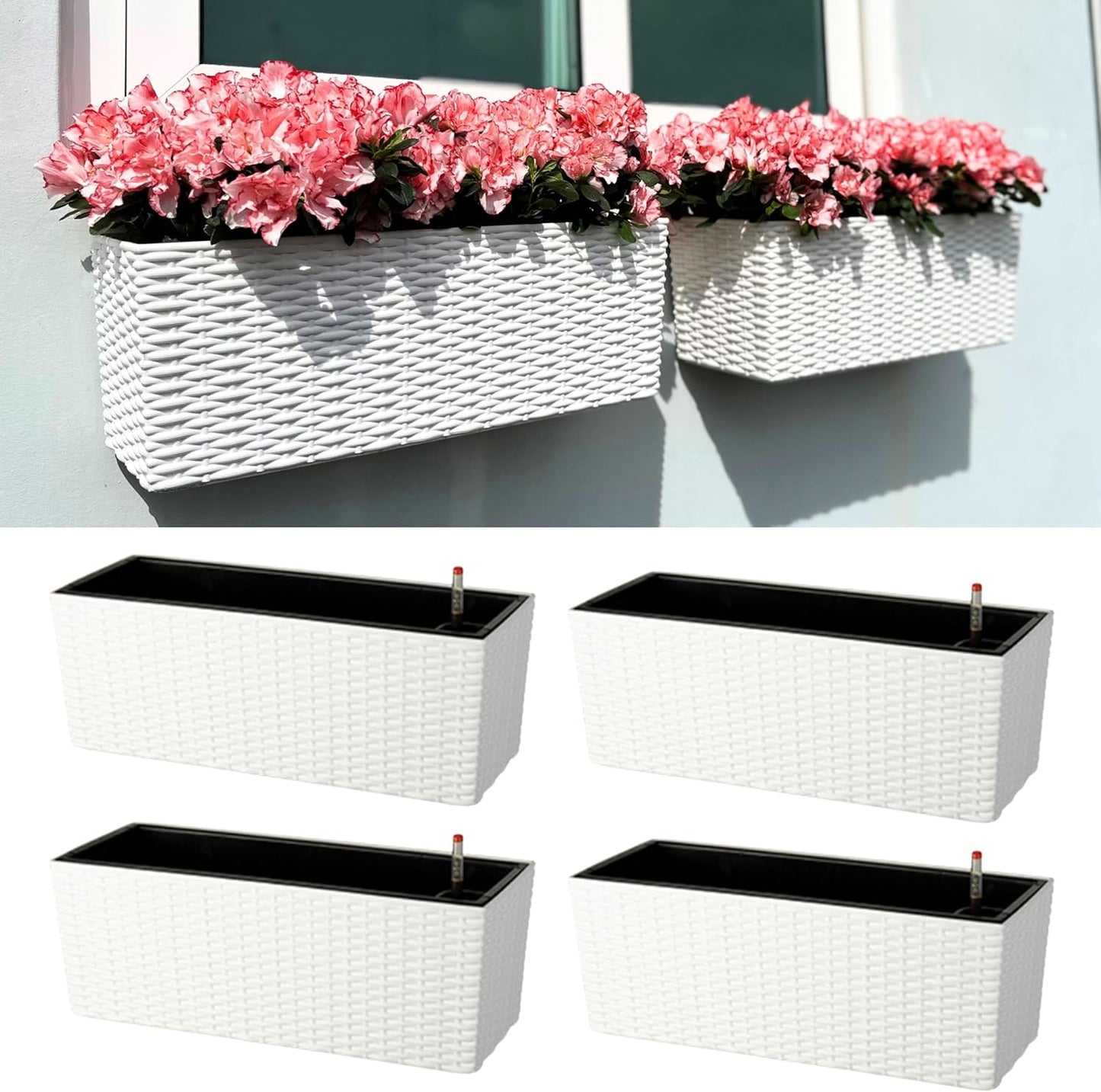LaLaGreen Window Boxes Planters (20 Inch, 2 Pack) Outdoor Wall Hanging Flower Box with Bracket, Vertical Wall Mounted Self Watering White Rectangular Plant Container Modern Garden Herb Kitchen Indoor