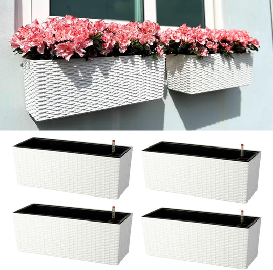 LaLaGreen Window Boxes Planters (20 Inch, 4 Pack) Outdoor Wall Hanging Flower Box with Bracket, Vertical Wall Mounted Self Watering White Rectangular Plant Container Modern Garden Herb Kitchen Indoor