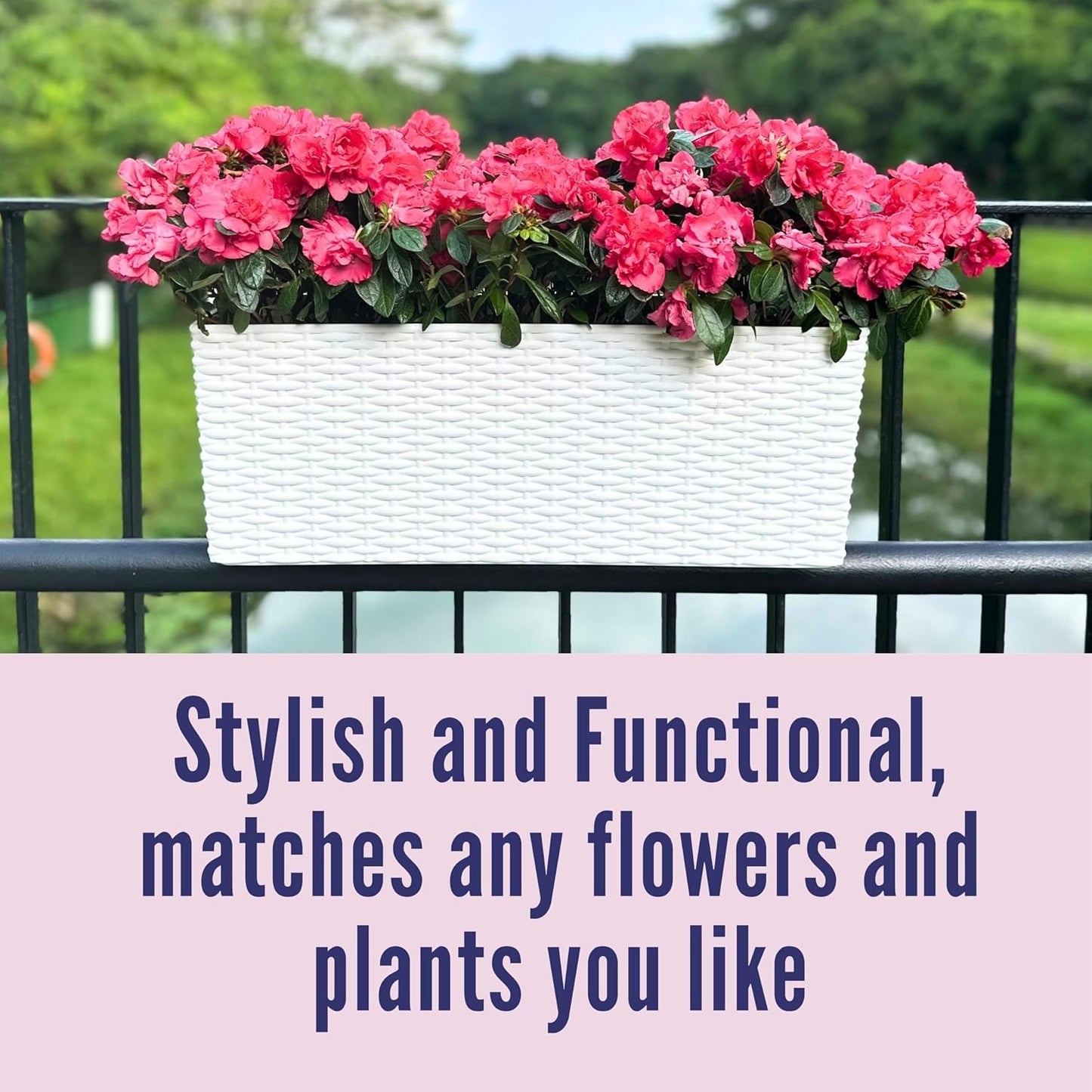 LaLaGreen Outdoor Rail Planter for Balcony - (2 Pack, 20 Inch) Large White Railing Planters with Brackets, Rectangular Plastic Deck Fence Modern Window Flower Box, Designer Choice with Rattan Pattern