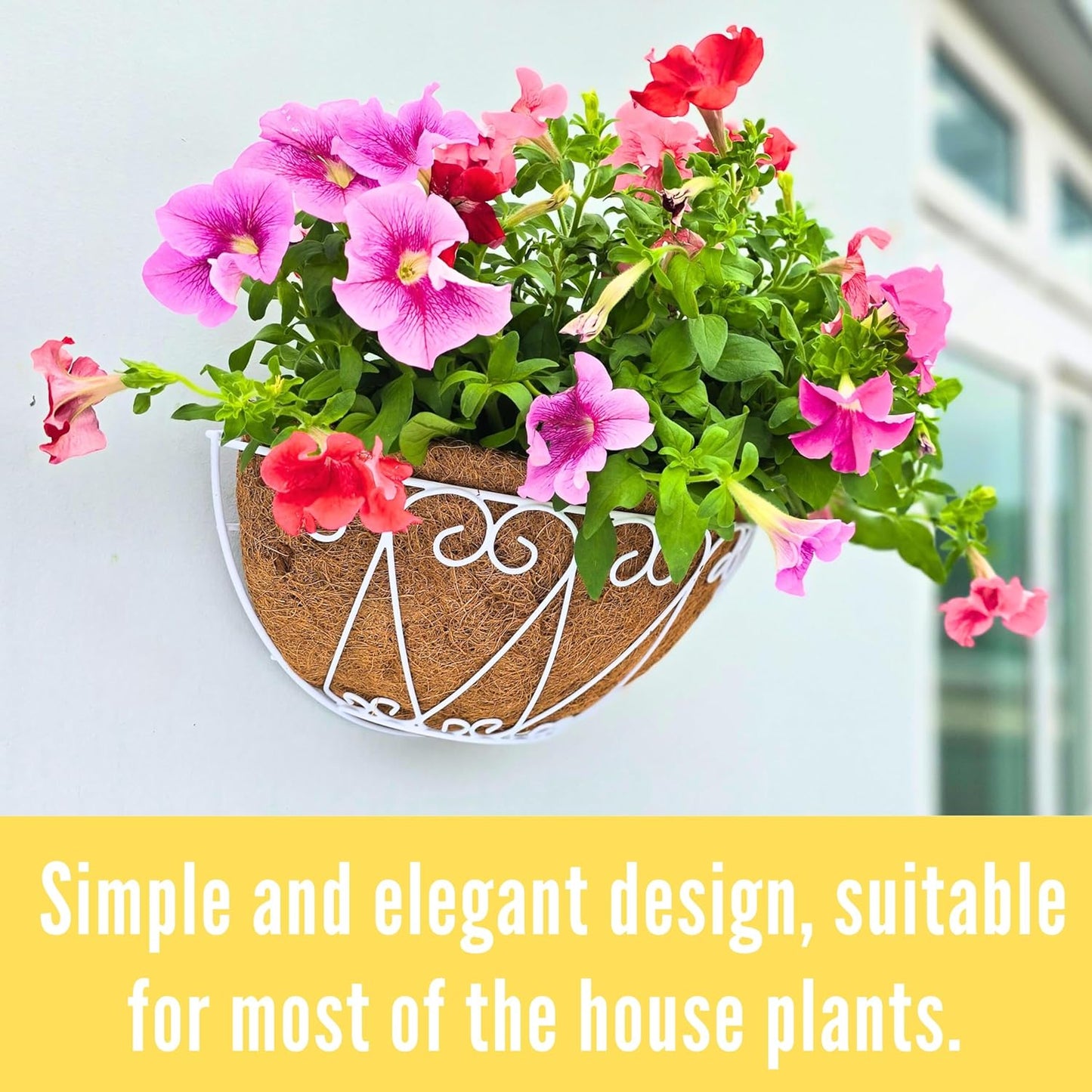 LaLaGreen Outdoor Wall Planters (2 Pack, 14 Inch) White Metal Wall Mounted Hanging Basket with Coco Liner, Semi-Circle Flower Pot Plant Holder for Fence Railing Deck Porch Balcony French Garden Decor