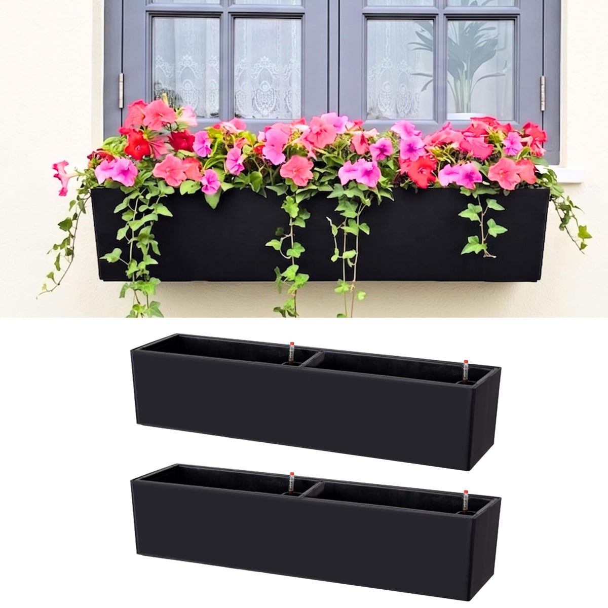 LaLaGreen Hanging Planter Boxes Outdoor (40 Inch, 2 Pack) Black Window Flower Box with Bracket, Large Rectangular Self Watering System Vertical Plant Container Wall Mounted Indoor Succulent Herb Decor