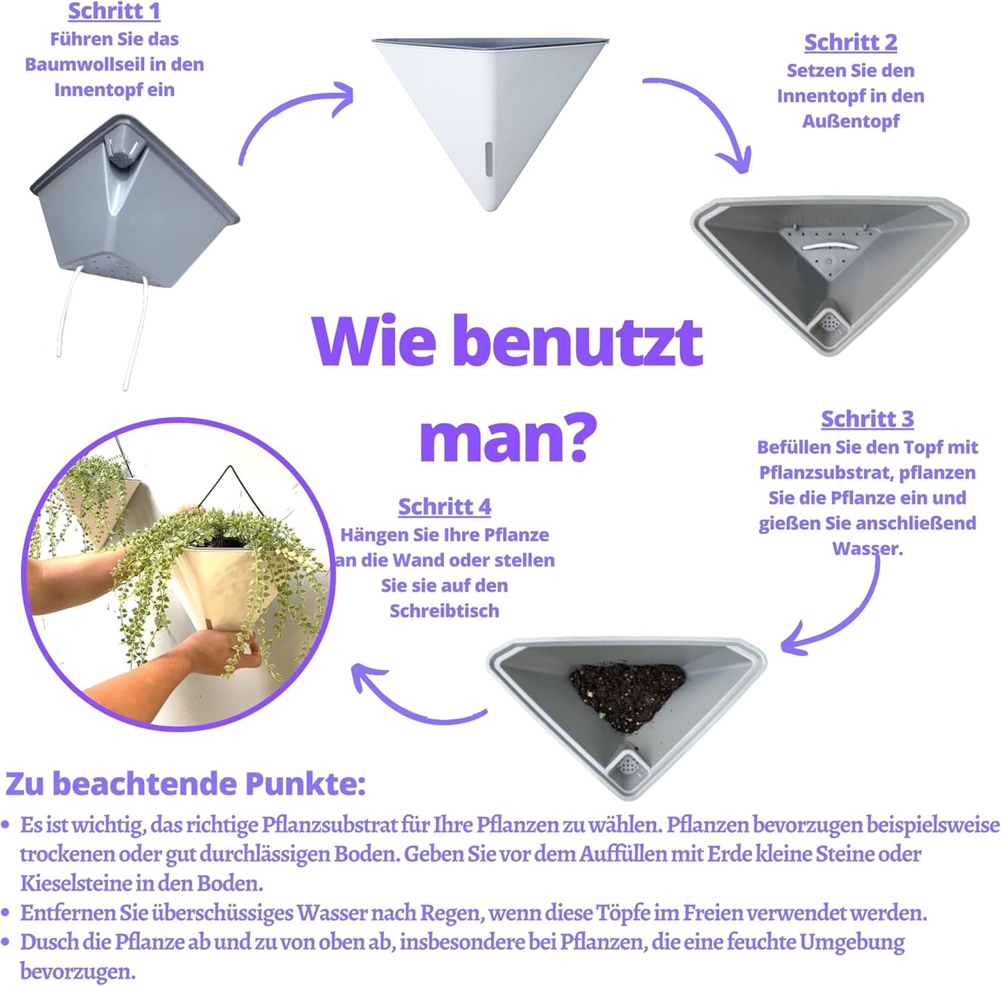 LaLaGreen Wall Planters for Indoor Plants - 2 Pack, 12 Inch Large Self Watering White Geometric Hanging Flower Vase Vessel with Metal Hanger, Modern Stylish Wall Mounted Succulent Pot Holder Decor