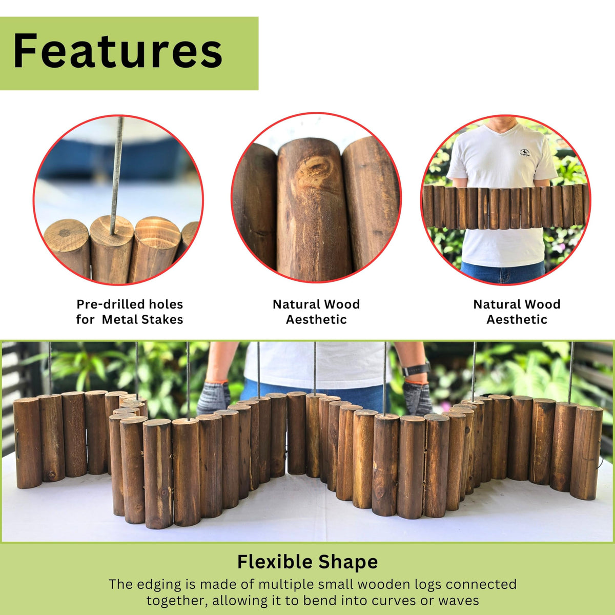 LaLaGreen Flexible Wooden Garden Edging with Metal Stakes