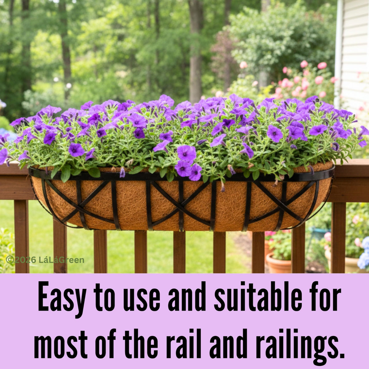 LaLaGreen Cross Metal Railing Planter Boxes with Coco Liners and Adjustable Brackets