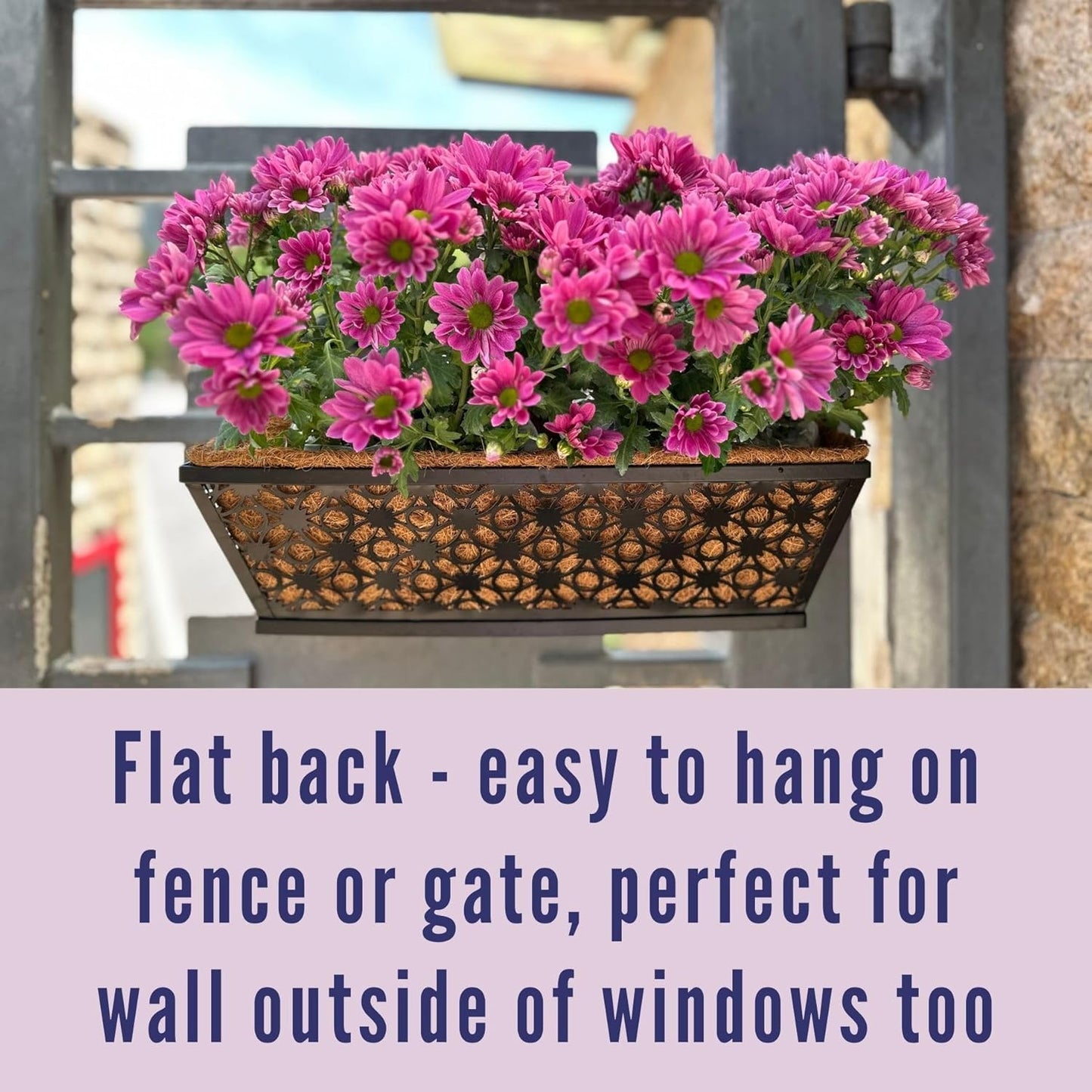 LaLaGreen Window Box Planter for Outdoor Plants (4 Pack, 16 Inch) Black Metal Rectangular Flower Pot Wall Planters with Coco Liner, Modern Horse Trough Railing Garden Balcony, Patio, Fence, and Deck