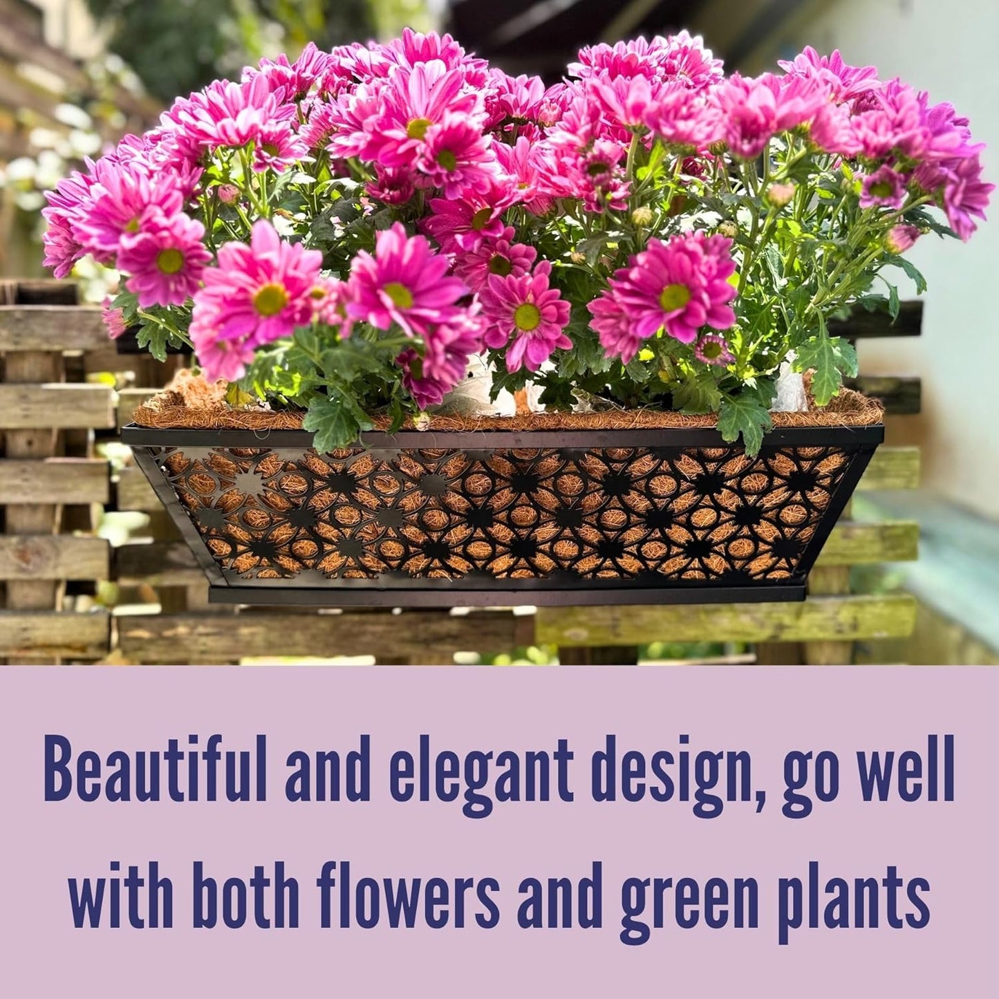 LaLaGreen Window Box Planter for Outdoor Plants (4 Pack, 16 Inch) Black Metal Rectangular Flower Pot Wall Planters with Coco Liner, Modern Horse Trough Railing Garden Balcony, Patio, Fence, and Deck