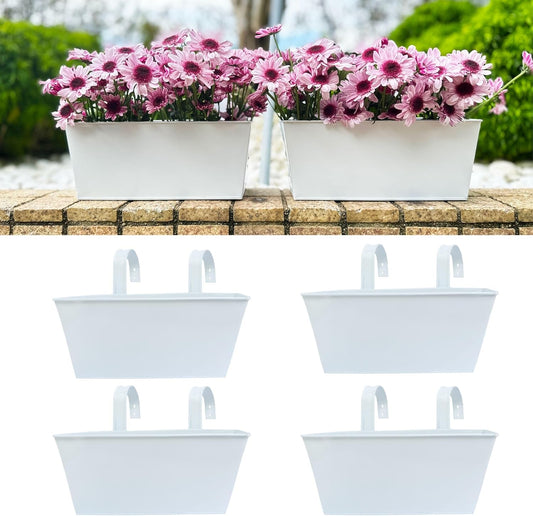 LalaGreen Window Boxes Planters (4 Pack, 12 Inch) White Metal Rectangle Outdoor Wall Hanging Flower Pots with Detachable Handle, Strawberry Railing Balcony Fence for Artificial Plant Rustic Boho Decor