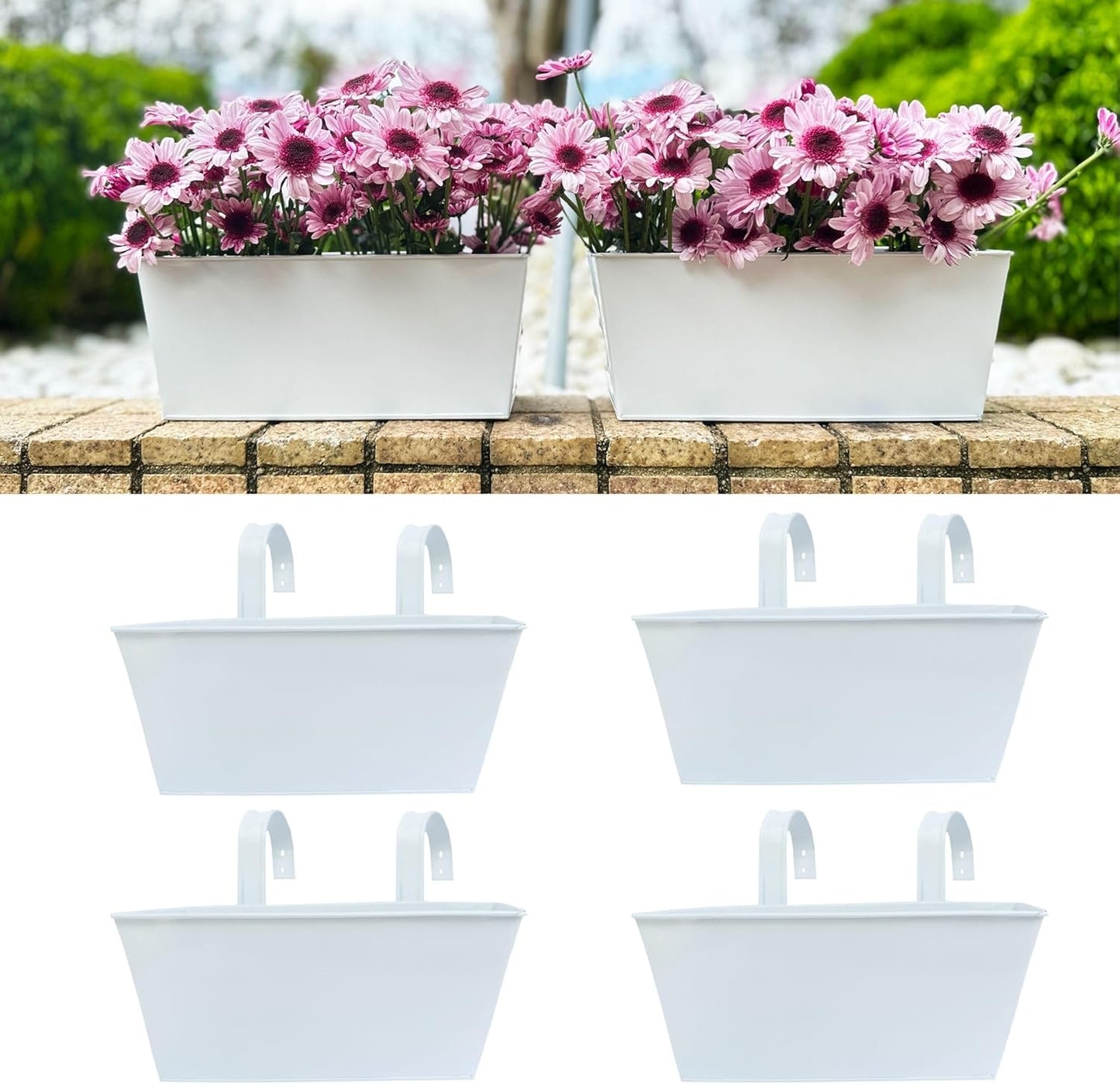 LalaGreen Planter Box (6 Pack, 12 Inch) Outdoor White Metal Rectangle Balcony Railing Fence Hanging Flower Pots for Strawberry, Succulent Herb Plant Holder Rustic Farmhouse Countryside Style Outside