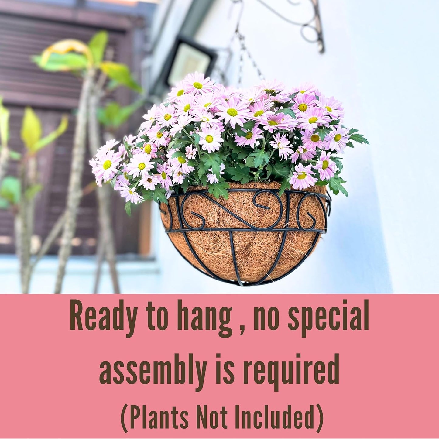 LaLaGreen Hanging Planter for Outdoor Plants (14 Inch, 4 Pack) Hanging Baskets with Coco Liner, Black Metal Wire Flower Basket Pots with Hook Hanger Balcony Porch Farmhouse Country Style Garden Decor