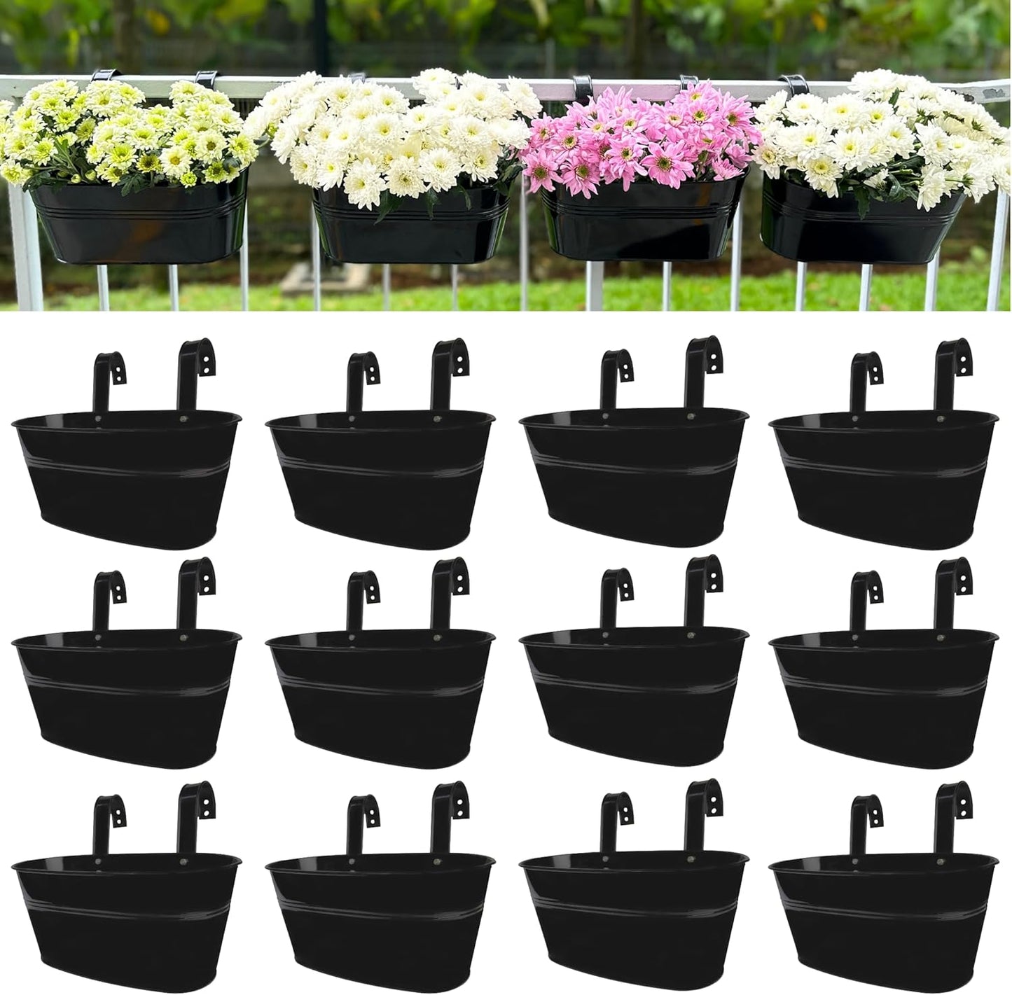 LaLaGreen Outdoor Rail Planter (11.8 Inch, 6 Pack) Black Metal Iron Hanging Flower Pots Deck Railings Fence Buckets Outside Countryside Boho Style Wall Mount Window Box Plant Holder Hook Porch Decor