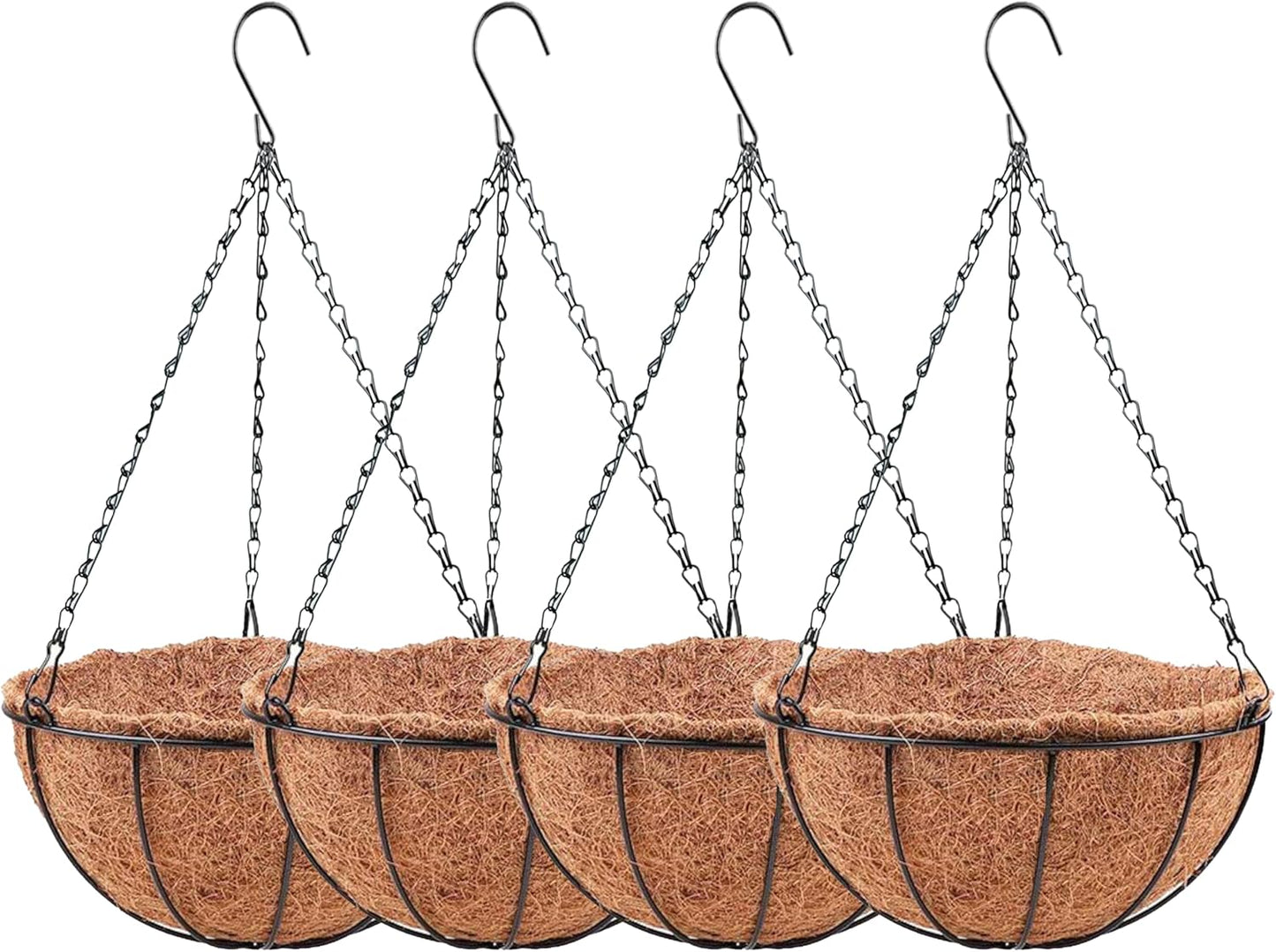 LaLaGreen Hanging Baskets for Plant Outdoor (20 Inch, 4 Pack) Extra Large Black Metal Wire Hanging Planter with Coco Liner Round Flower Pot Holder Hanger Deck Porch Modern Garden Balcony Country Decor