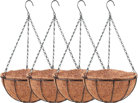 LaLaGreen Hanging Baskets for Plants Outdoor (4 Pack, 8 Inch) Hanging Planters Outdoor with Coco Liner, Small Round Flower Pots with Hanger Metal Wire Holder Deck Patio Porch Garden Balcony Decor
