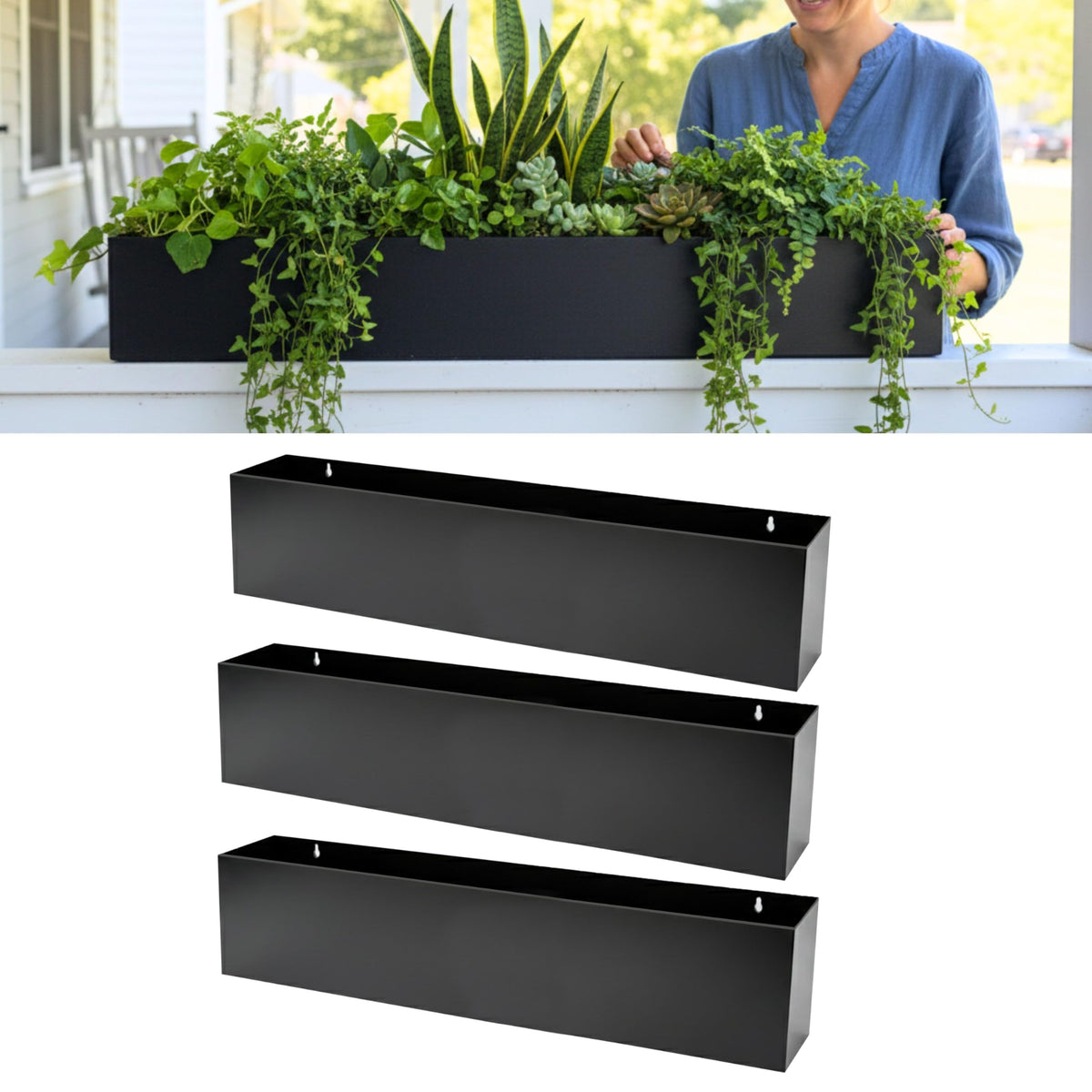LaLaGreen Wall Planters for Outdoor Plants (36 Inch, 3 Pack) Carbon Steel Black Metal Hanging Flower Pot for Succulents, Wall Mount Rectangular Long Window Sill Box Balcony Fence Garden Deck Decor
