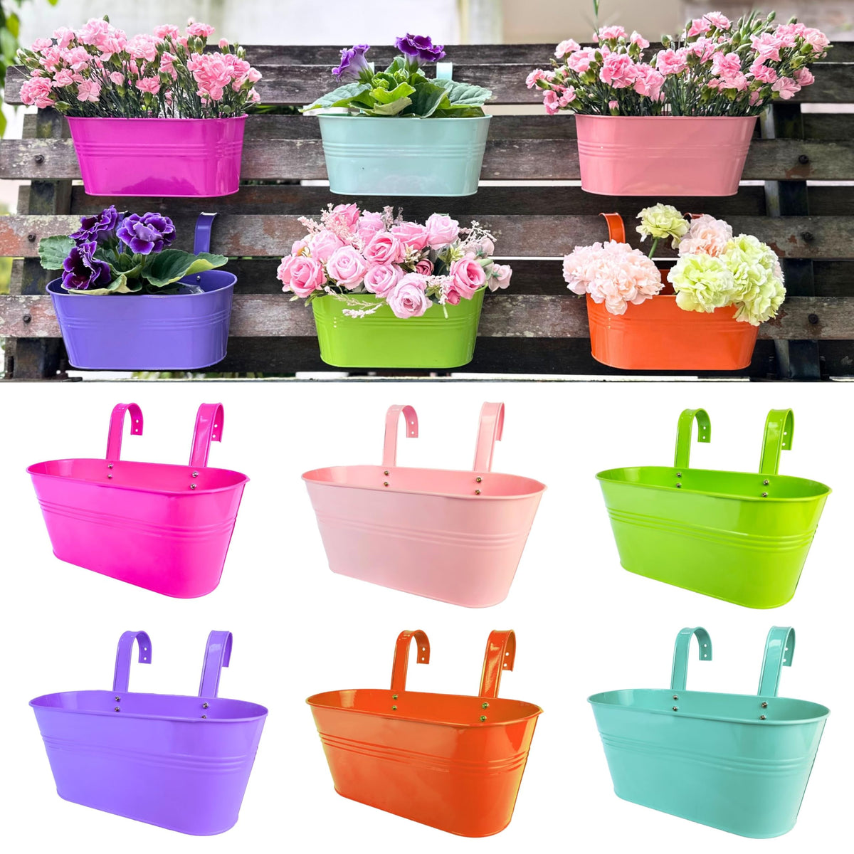 LaLaGreen Colorful Oval Metal Railing Planter Boxes