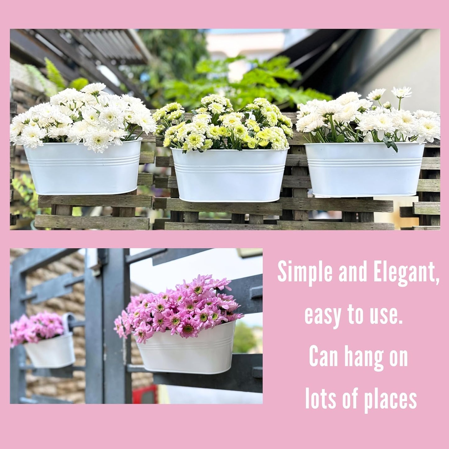 LaLaGreen Window Boxes Planters (5 Pack, 9.8 Inch) Small and Cute White Metal Iron Hanging Flower Pots, Deck Railings Outdoor Fence Buckets Boho Style Wall Mount Plant Holder Hooks Porch Garden Decor