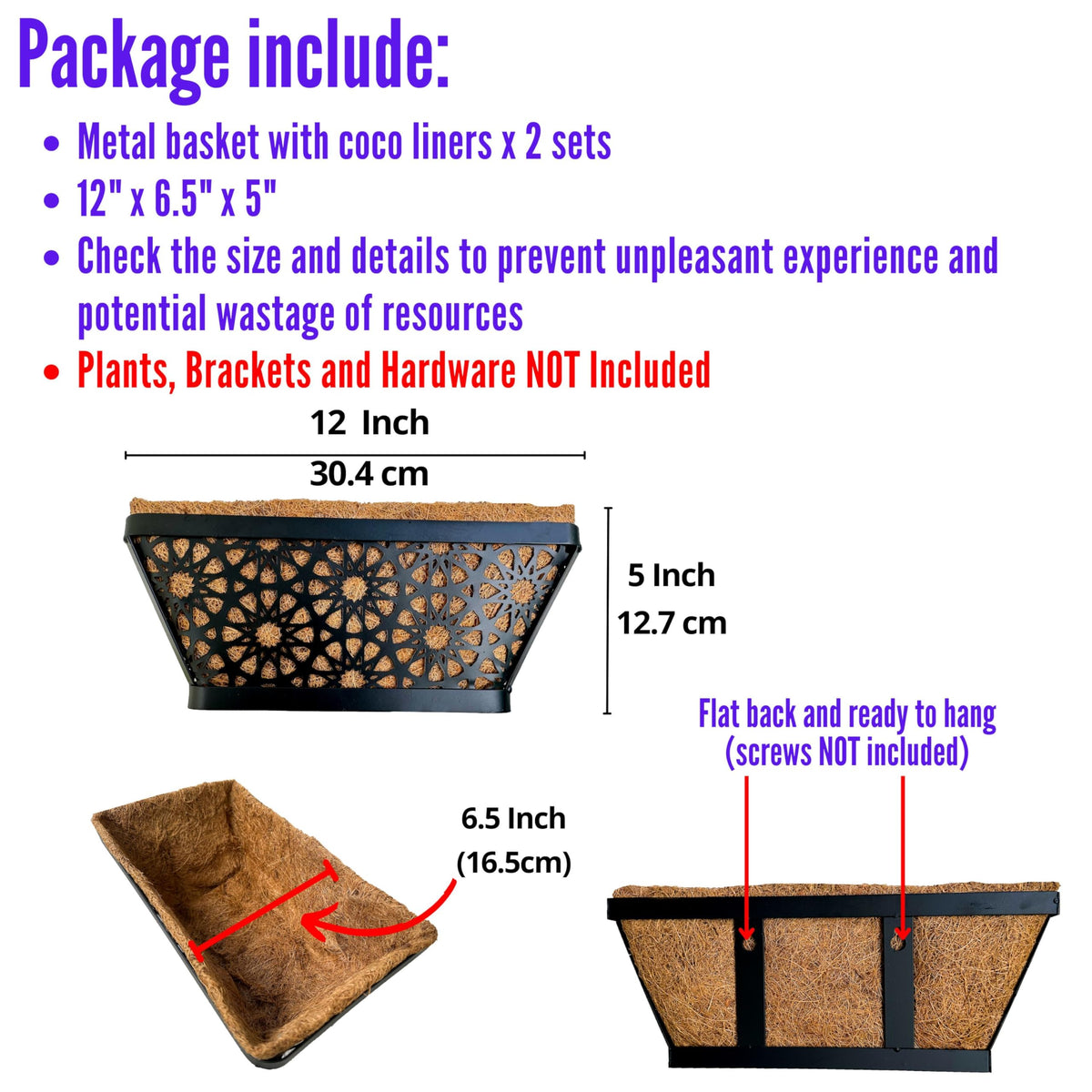 LaLaGreen Black Wall Planter (12 in, 2 Pack) Long Metal Window Flower Box