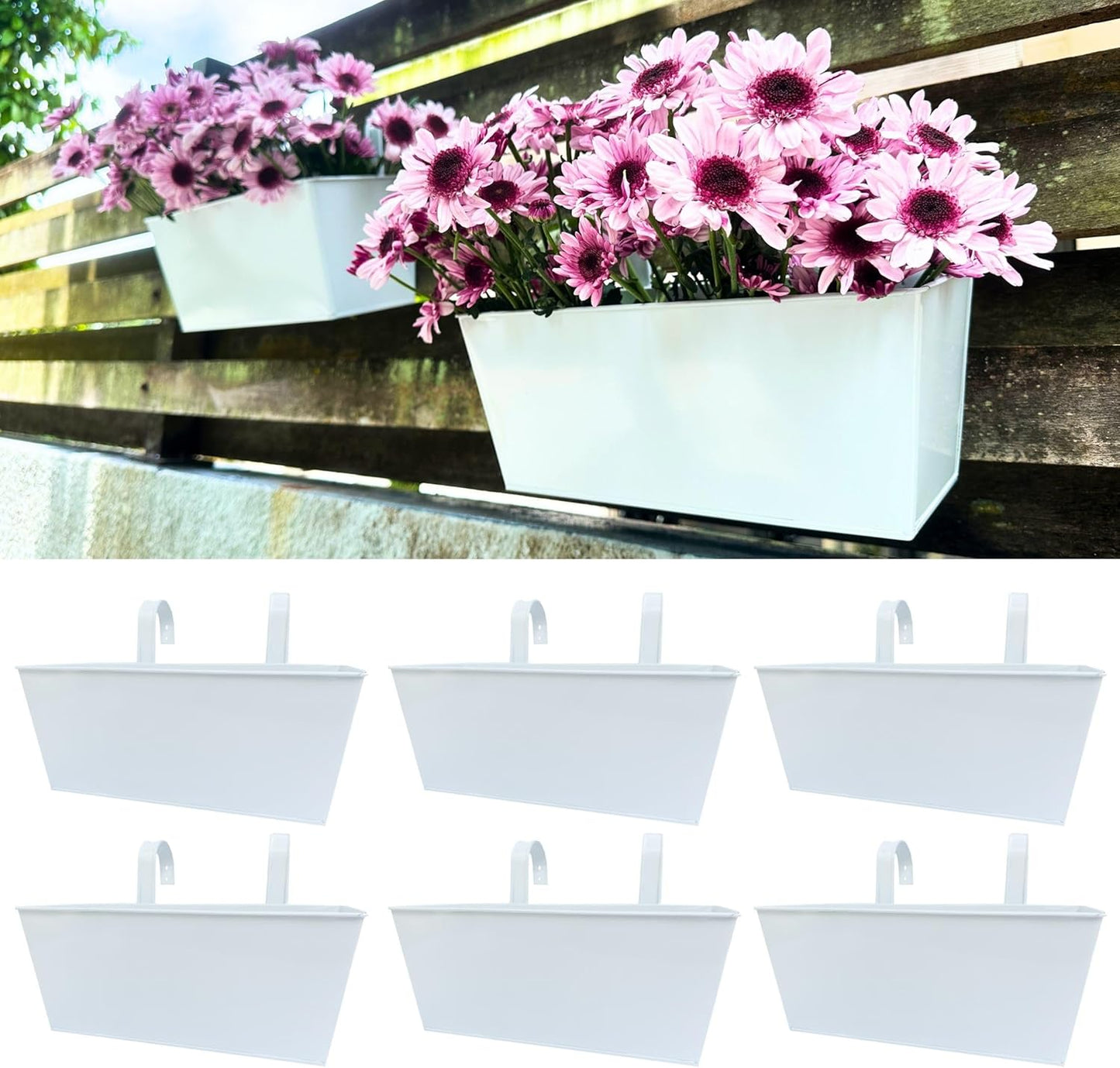 LaLaGreen Rail Planter Box (4 Pack, 16 Inch) Large White Metal Hanging Flower Pots, Rectangle Outdoor Strawberry Plant Holder Window Balcony Deck Railing Fence Minimalist Farmhouse Countryside Style