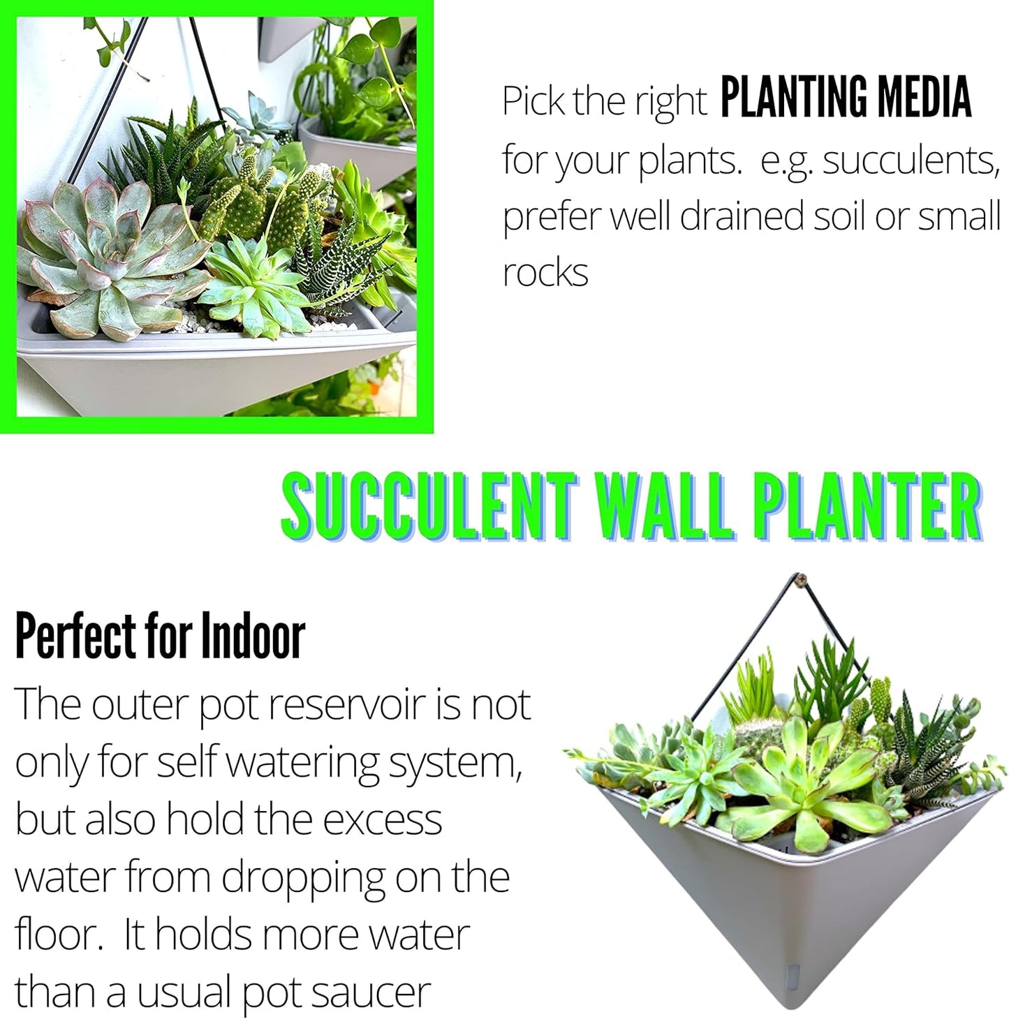 LaLaGreen Wall Planters - 4 Pack, 12 Inch Large Self Watering White and Gray Mixed Color Geometric Indoor Vertical Garden Plant Wall Hanging Flower Vase Vessel with Black Metal Hanger Modern Stylish