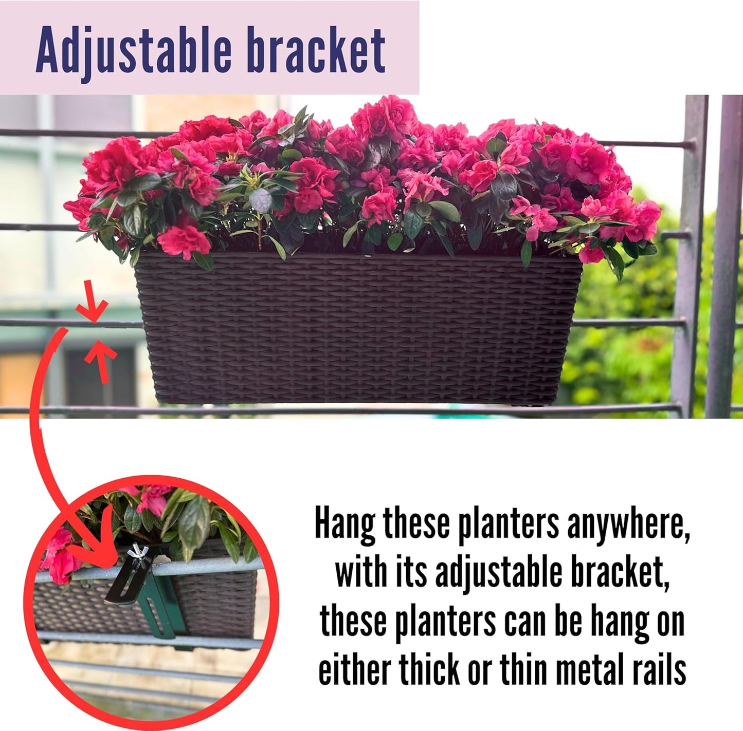 LaLaGreen Outdoor Rail Planter for Balcony (2 Pack, 20 Inch) Large Black Self Watering Railing Planters with Brackets, Rectangular Plastic Window Flower Box Fence Designer Choice with Rattan Pattern