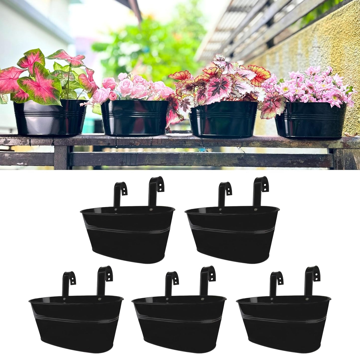 LaLaGreen Rail Planter Outdoor Plants(11.8 Inch, 15 Pack) Black Metal Iron Hanging Flower Pots Deck Railings Fence Buckets Modern Countryside Boho Style Wall Mount Window Box Plant Holder Porch Decor
