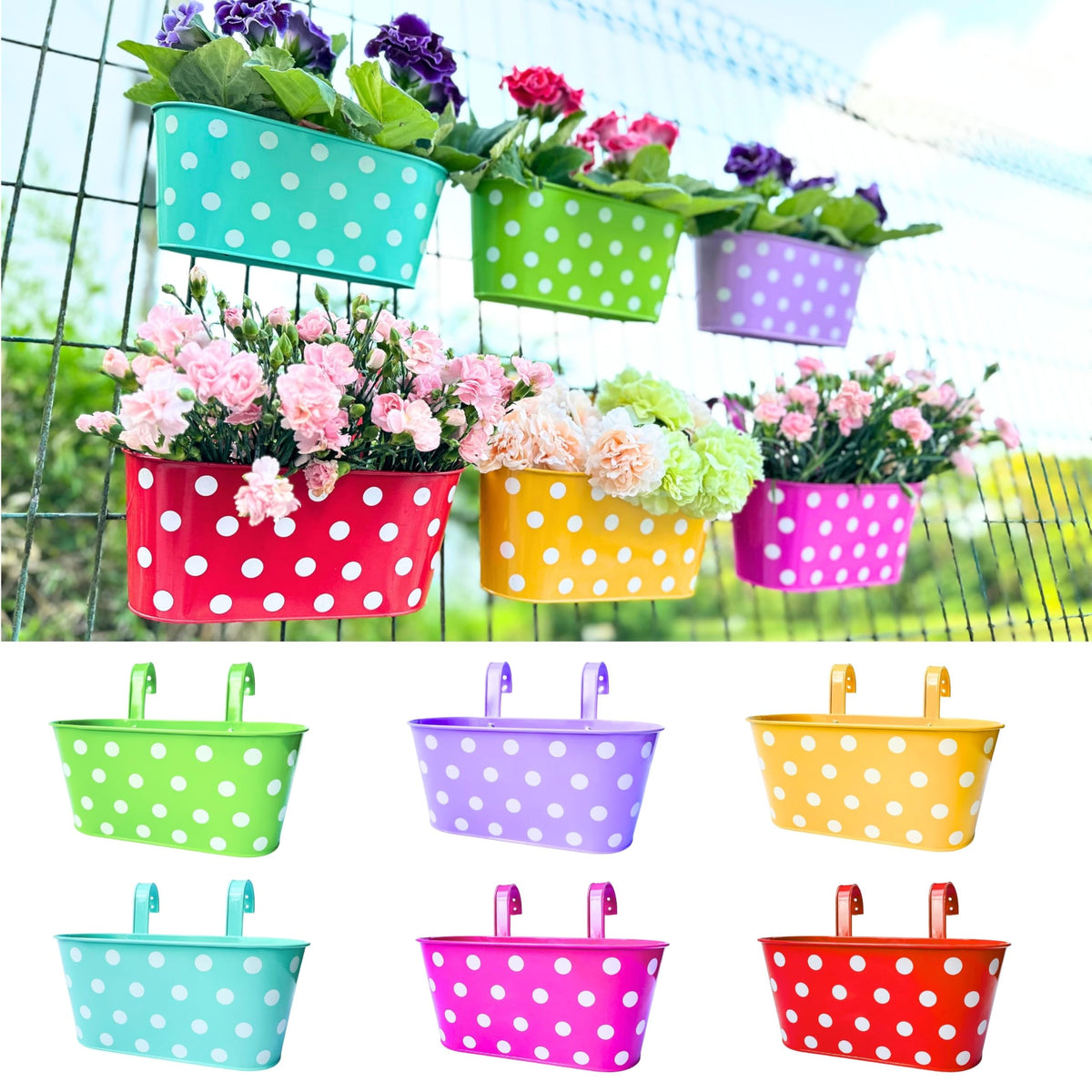 LaLaGreen Polka Dot Metal Railing Planter Boxes