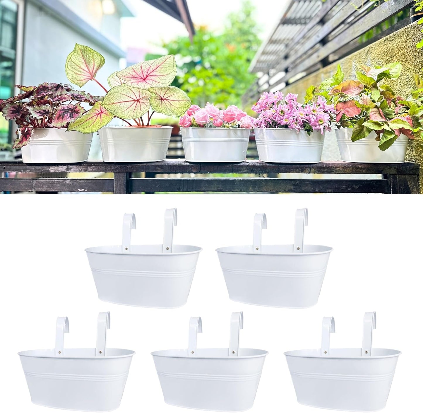 LaLaGreen Rail Planter Outdoor Plants (8 Pack, 11.8 Inch) White Metal Iron Hanging Flower Pots Deck Railings Fence Buckets Modern Countryside Boho Style Wall Mount Window Box Holder Hooks Porch Decor