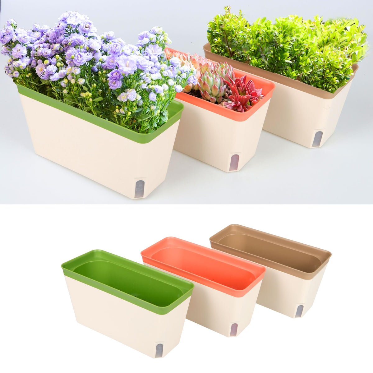 LaLaGreen Planter Boxes Outdoor (3 Pack, 10.5 Inch) Orange Green Brown Rectangular Window Box Herb Plants, Self-Watering Large Indoor Flower Pot Succulent Porch Balcony Windowsill kitchen office Decor