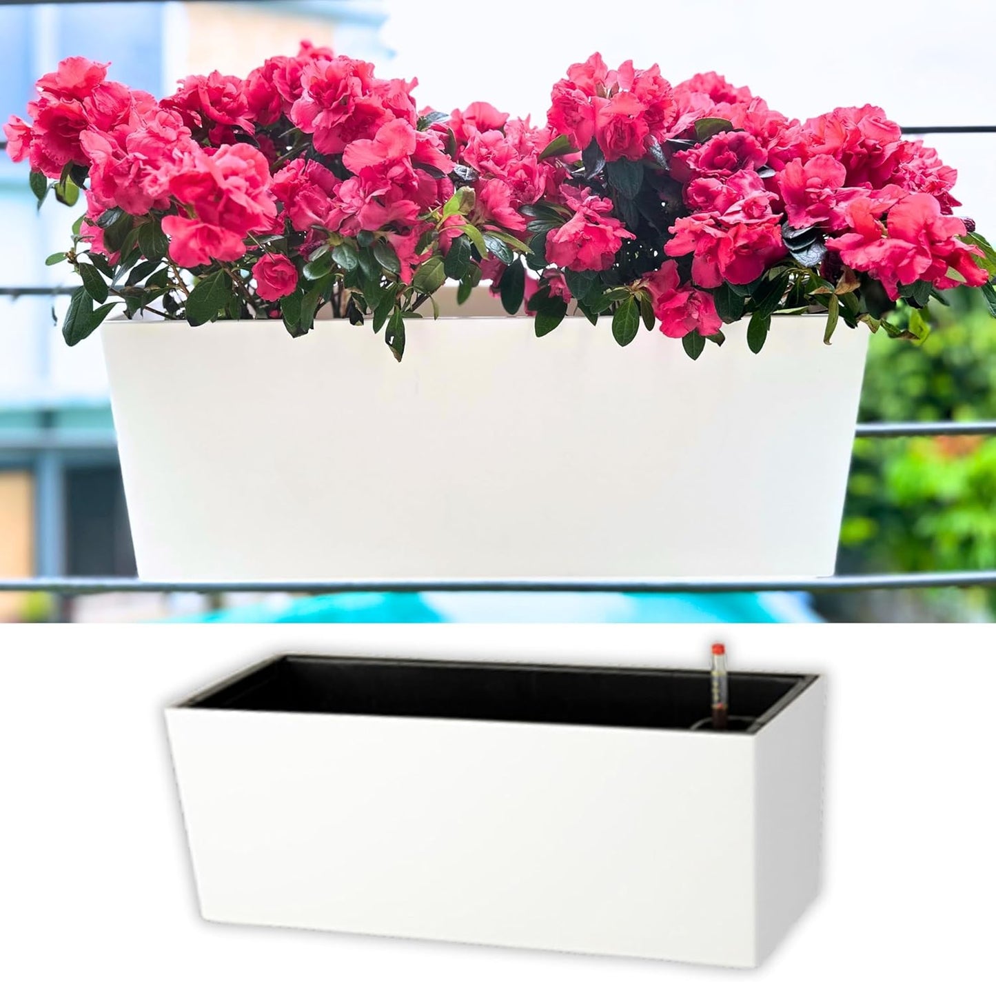 LaLaGreen Rail Planter for Balcony Outdoor (20 Inch, 2 Pack) Large White Self Watering Deck Railing Planters with Brackets, Rectangular Plastic Fence Flower Box Designer Choice