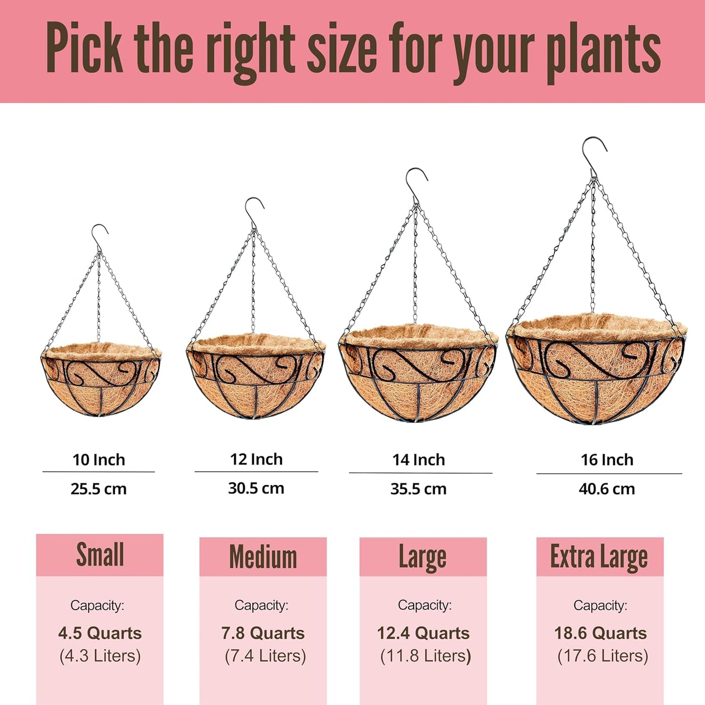 LaLaGreen Hanging Planter for Outdoor Plants (16 Inch, 4 Pack) Hanging Baskets with Coco Liner, Black Metal Wire Flower Basket Pots with Hook Hanger Balcony Porch Farmhouse Country Style Garden Decor