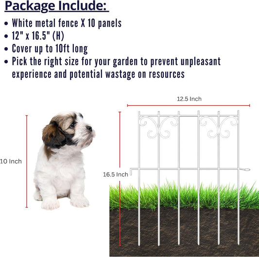 ShopLaLa Decorative Garden Fencing (10 Panels) 12in(L) x 16.5in(H) Rustproof White Metal Wire Animal Barrier Fence, Butterfly Pattern Edge for Landscape Outdoor Decor, Dog Pet Fences for Yard No Dig