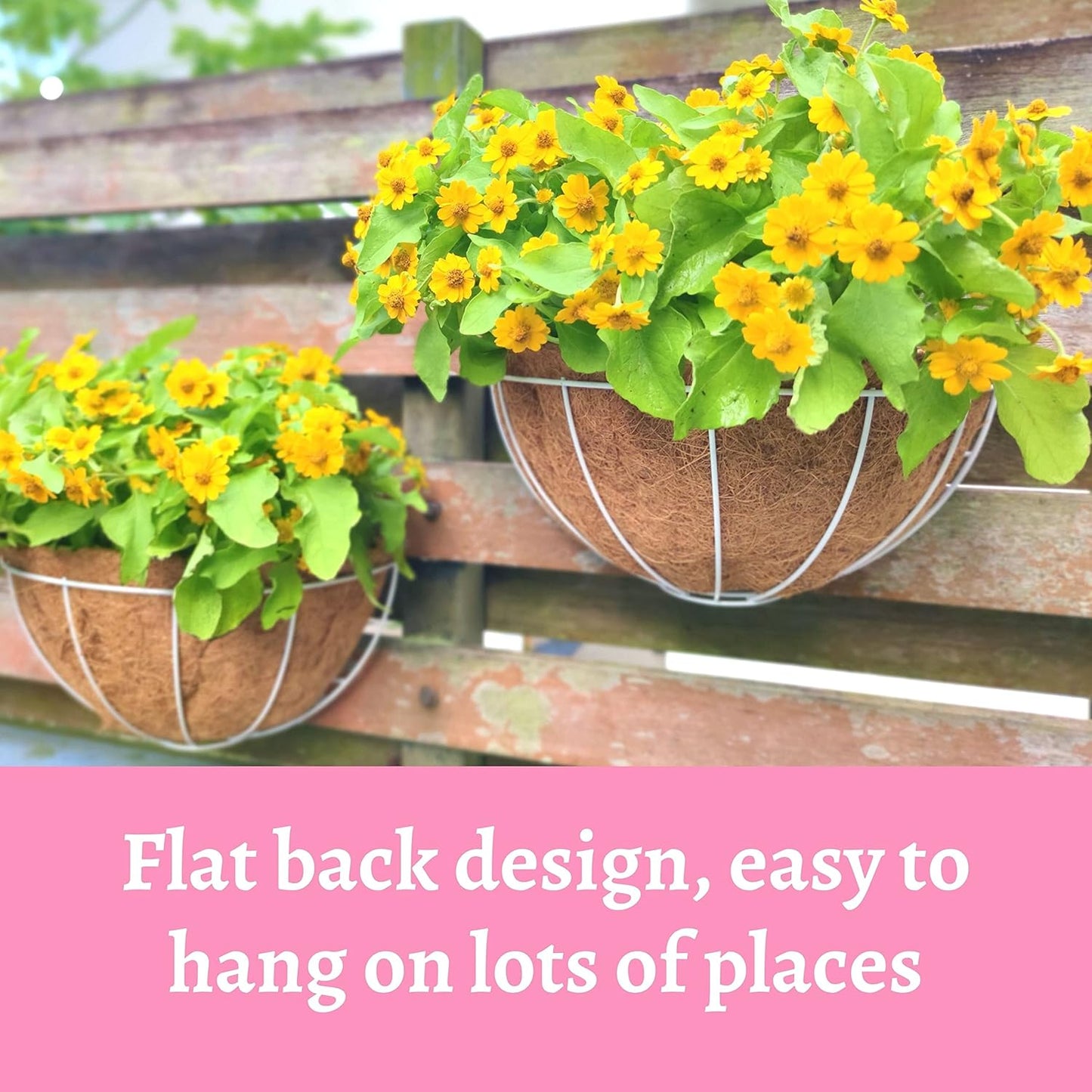 LaLaGreen Large Wall Planters, 2 Pack, 16 Inch Wall Hanging Pots with Coco Liner, White Metal Wire Rail Flower Basket Box Outdoor Outside Fence Railings Plant Holder Deck Porch Balcony Garden Decor