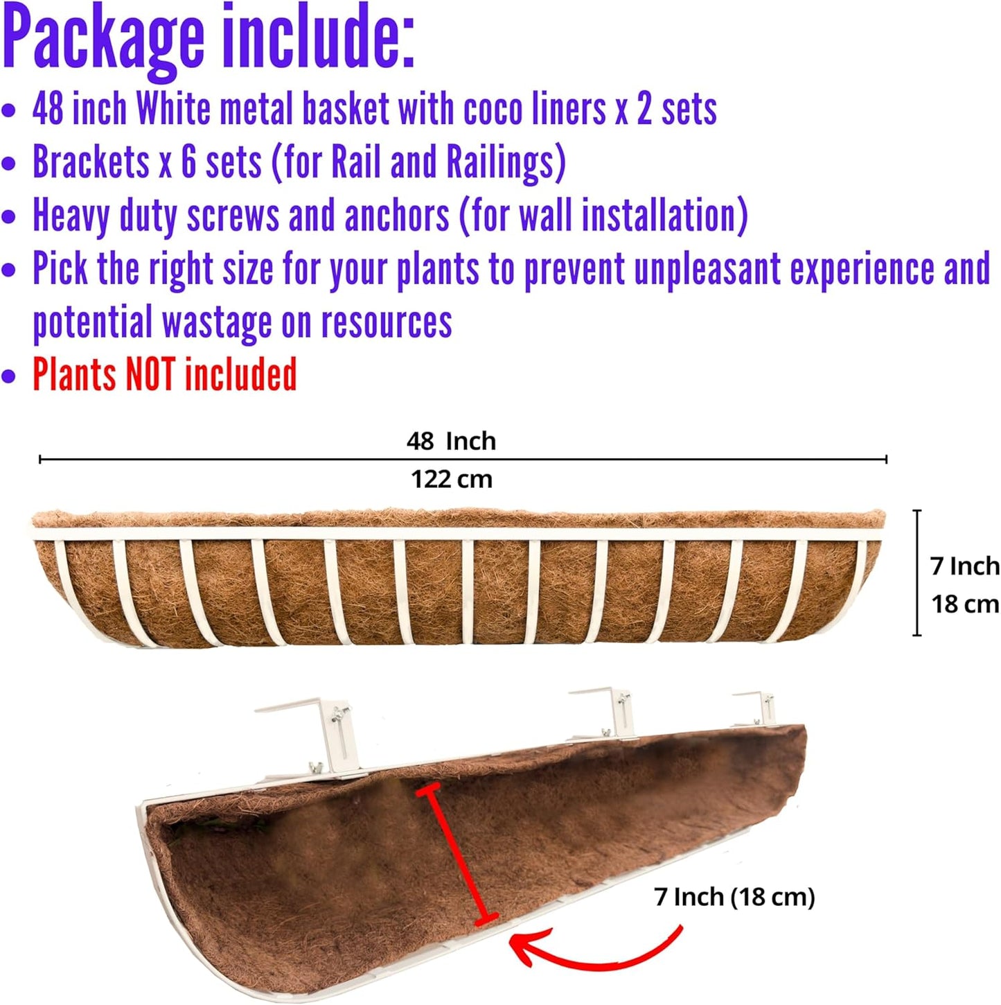 LaLaGreen Deck Railing Planter Boxes (2 Pack, 48 Inch) White Metal Rectangular Window Flower Box with Coco Liner, Wall Hanging Planters for Outdoor Plants Rail Fence Balcony Patio Porch Garden Decor