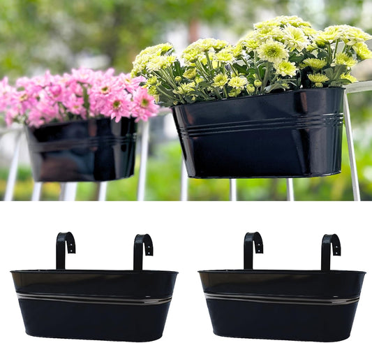 LaLaGreen Deck Railing Planter Box (17 Inch, 2 Pack) Large Black Metal Window Flower Boxes Outdoor, Wall Hanging Planters Plant Holder Hooks Fence Rail Bucket Modern Countryside Boho Style Patio Porch