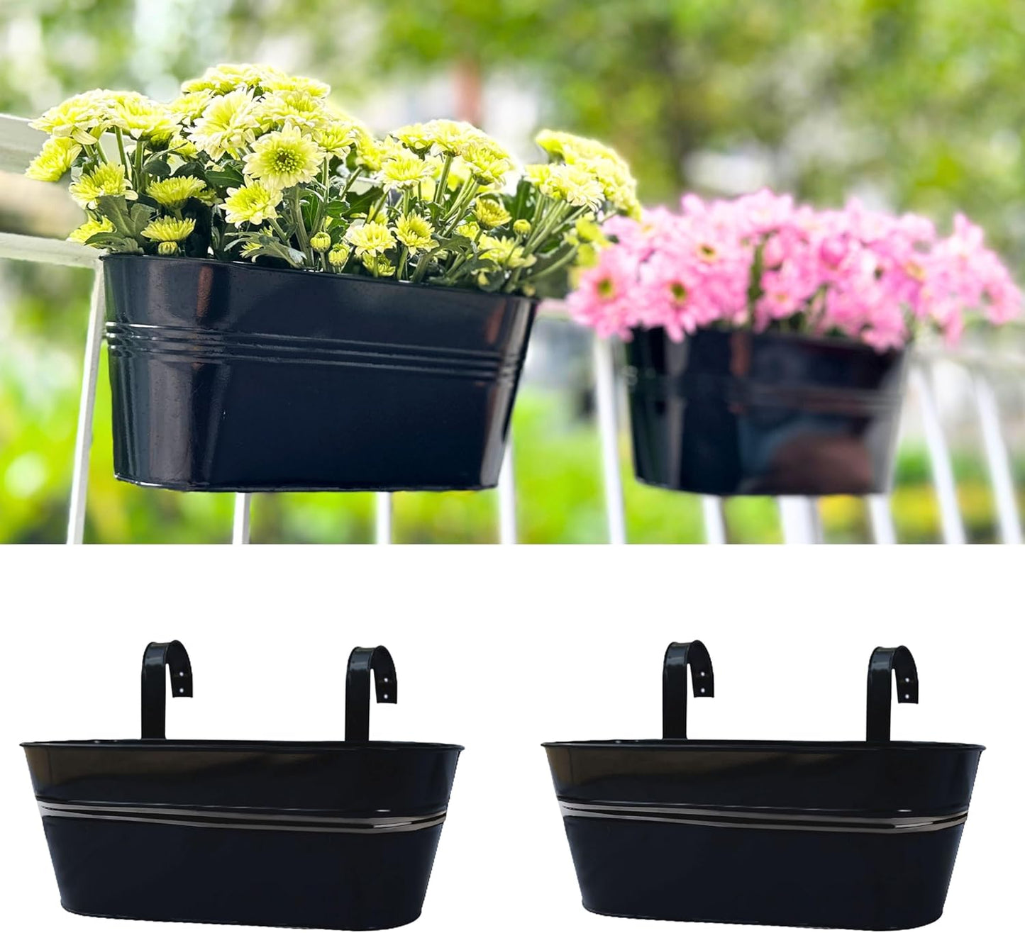 LaLaGreen Outdoor Plants Rail Planter (15 Inch, 2 Pack) Black Metal Iron Hanging Flower Pots Deck Railings Fence Balcony Buckets Modern Boho Style Window Box Plant Holder Hooks Porch Home Garden Decor