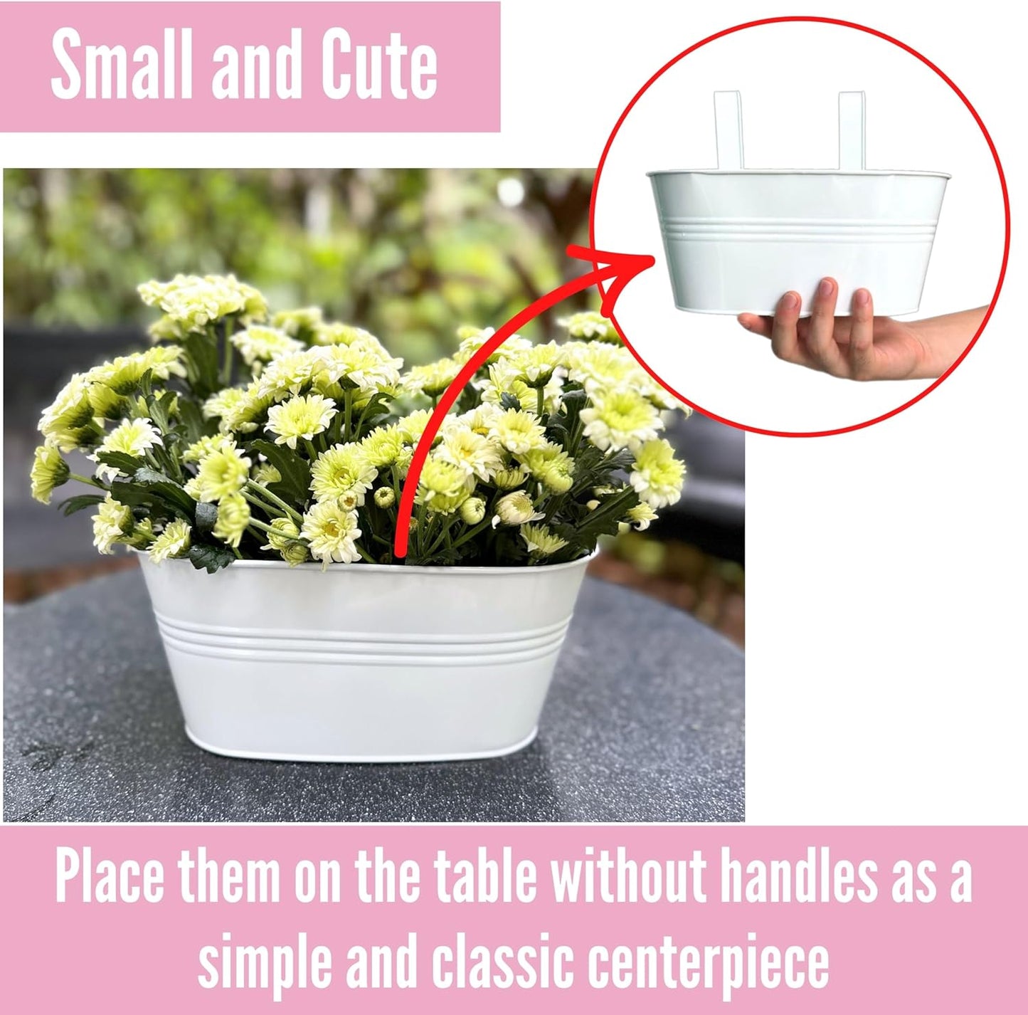 LaLaGreen Planter Boxes Outdoor (3 Pack, 9.8 Inch) Small and Cute White Metal Iron Hanging Flower Pots Deck Railings Fence Modern Garden Boho Style Wall Mount Window Box Plant Holder Porch Decor