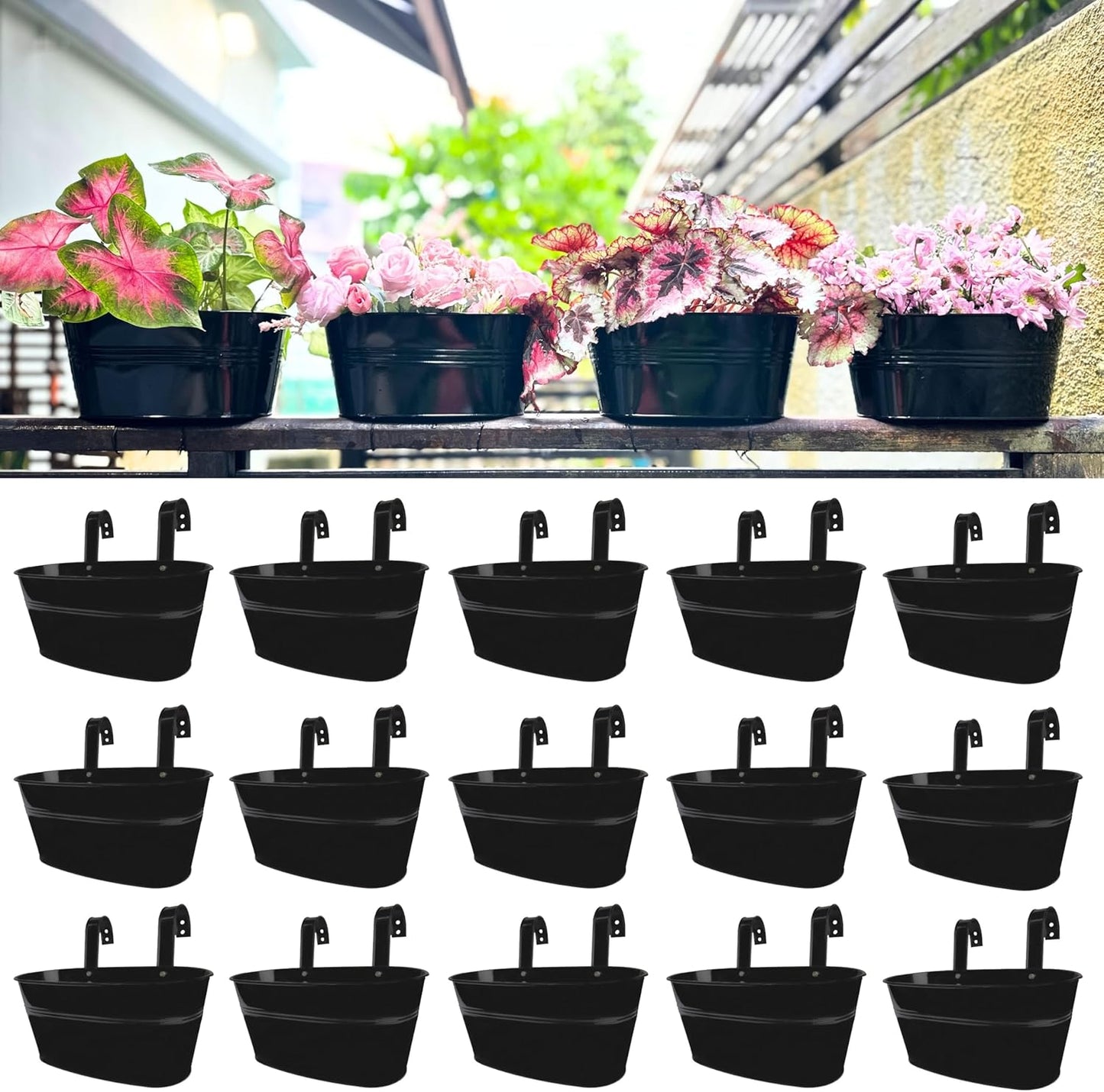 LaLaGreen Railing Planter Outdoor Plants (11.2 Inch, 2 Pack) Black Metal Iron Hanging Flower Pots Deck Rail Fence Hanging Bucket Modern Countryside Style Window Box Plant Holder with Hooks Porch Decor