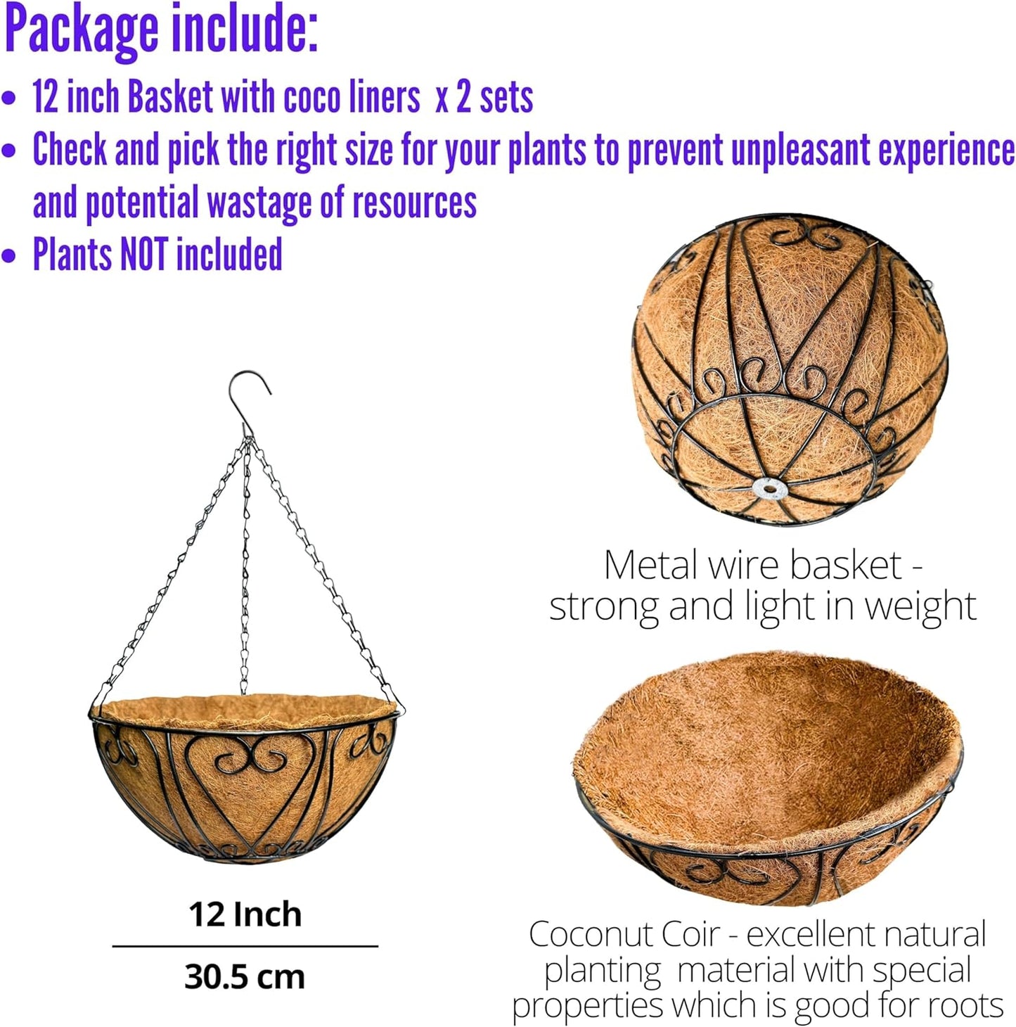 LaLaGreen Hanging Baskets for Plants (2 Pack, 12 Inch) Hanging Flower Pots with Coco Liner, Black Metal Wire Round Basket Plant Holder with Hanger Hook Chain, Outdoor Patio Deck Balcony Garden Décor