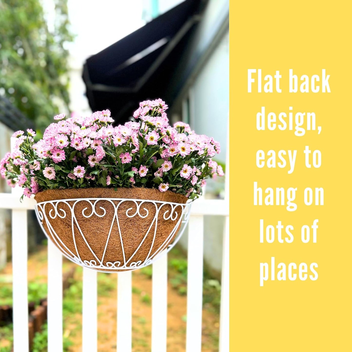 LaLaGreen Outdoor Wall Planters (2 Pack, 14 Inch) White Metal Wall Mounted Hanging Basket with Coco Liner, Semi-Circle Flower Pot Plant Holder for Fence Railing Deck Porch Balcony French Garden Decor