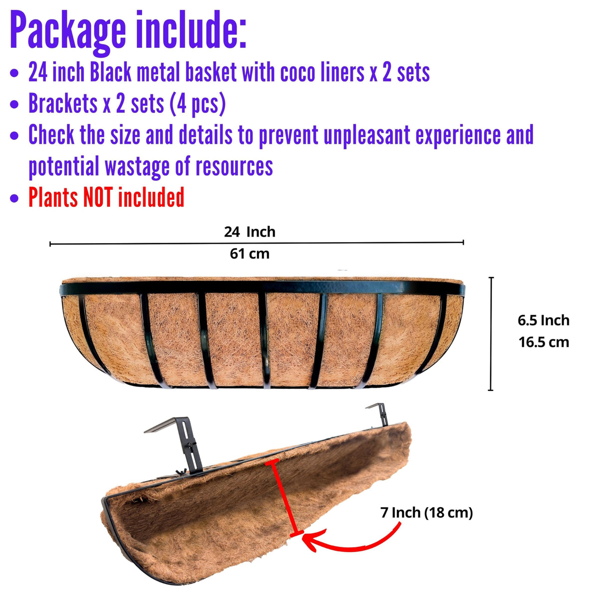 LaLaGreen Deck Railing Planter Boxes (16 Inch, 2 Pack) Black Metal Rectangular Hanging Planters with Coco Liner, Adjustable Flower Planter Box Brackets for Plants Fence Balcony Patio Porch Over Rail