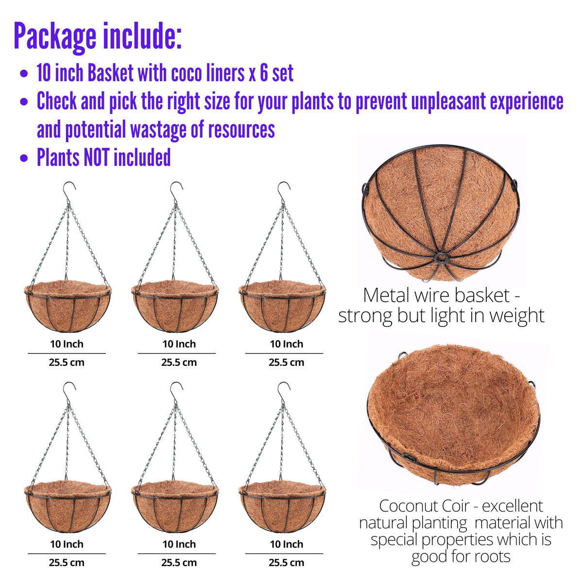 LaLaGreen Hanging Baskets for Plants (10 in, 6 Pack) Coco Liner Flower Pots