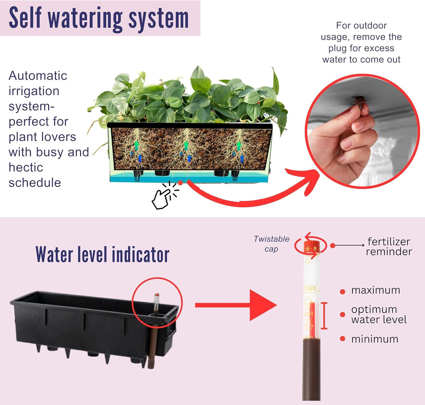 LaLaGreen Outdoor Wall Planters (20 Inch, 2 Pack) Wall Mounted Self Watering System Window Flower Boxes with Bracket, Black Rectangular Plant Pot Container Indoor Modern Garden Herb Kitchen Home Decor